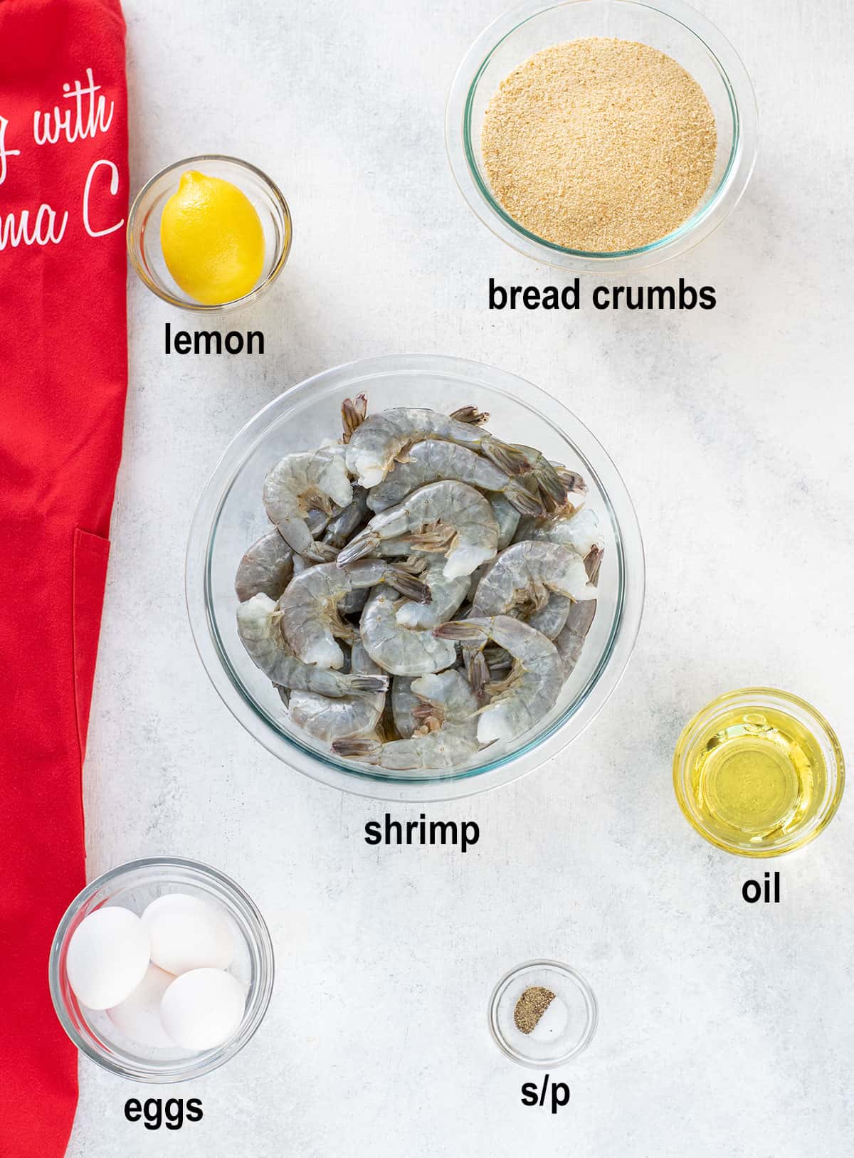 lemon, bread crumbs, shrimp, oil, eggs, salt, pepper