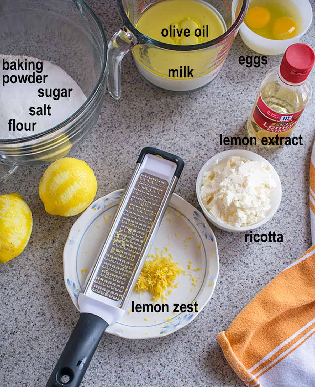 oil, milk, eggs, baking powder, sugar, salt, flour, lemon extract, ricotta, zest