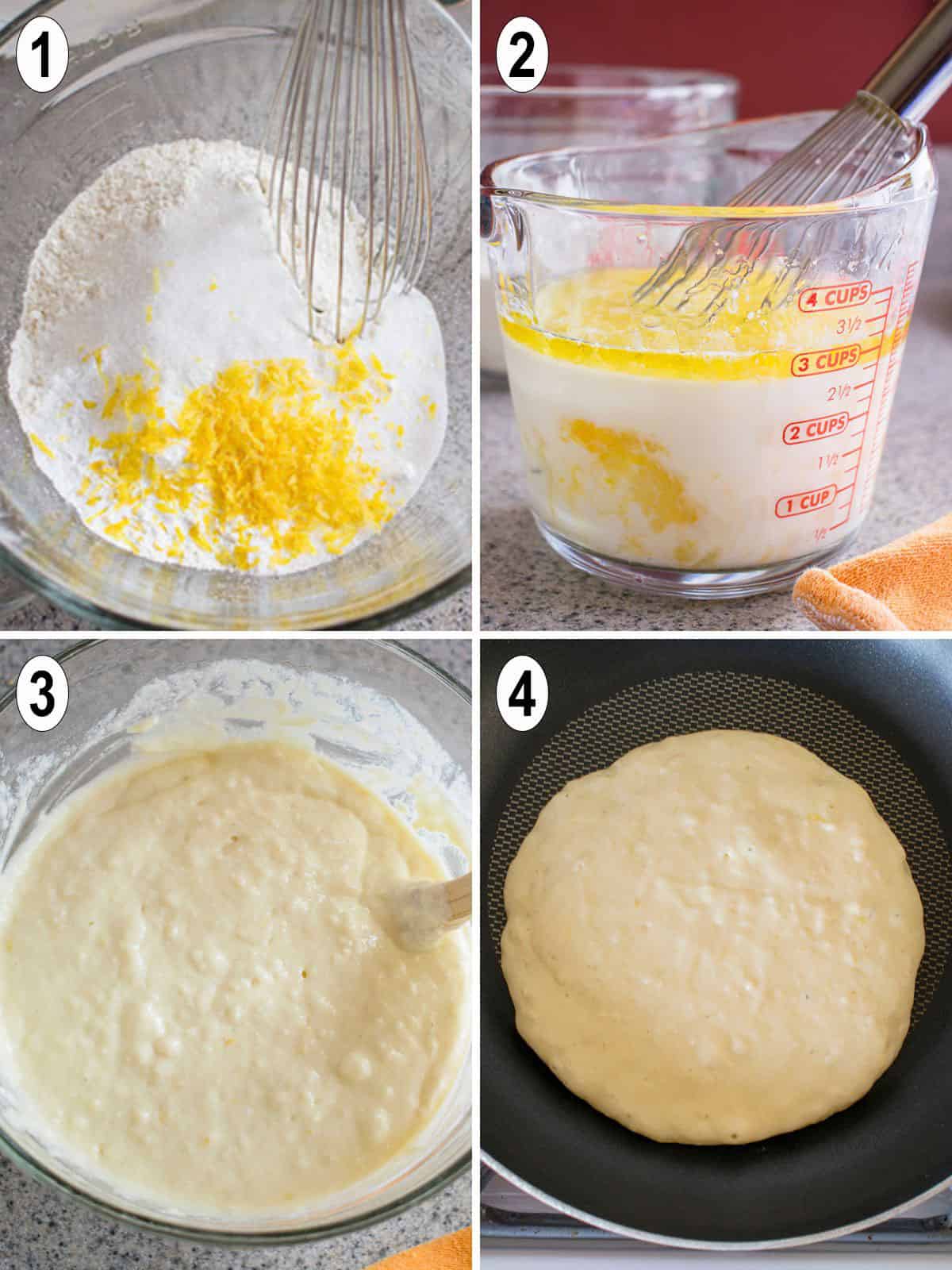 dry ingredients mixed with wet to form batter. pancake in pan