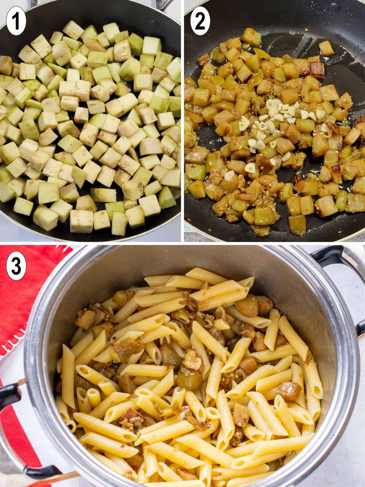 eggplant cubes sautéed and stirred into pasta.