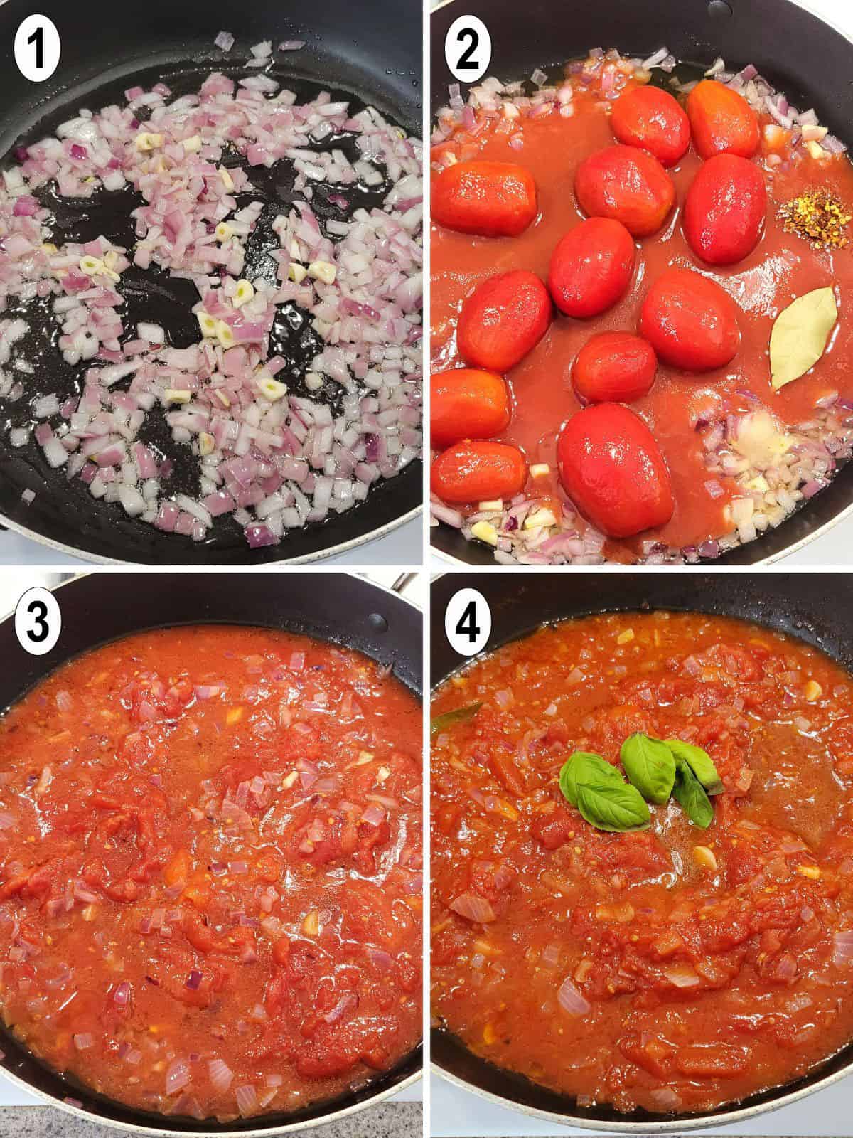 sauce process collage. onions and garlic. tomatoes and spices. basil added.