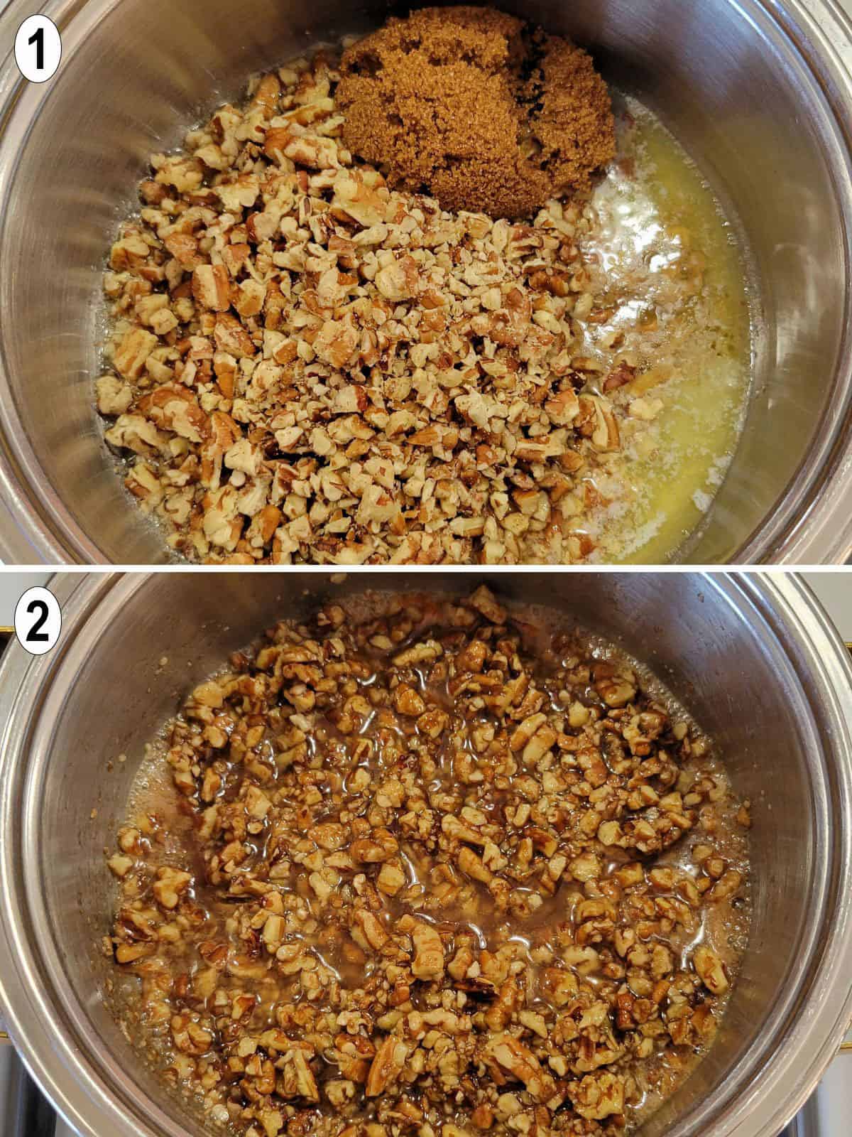 pecans, butter and sugar mixed in a pot to form the coating