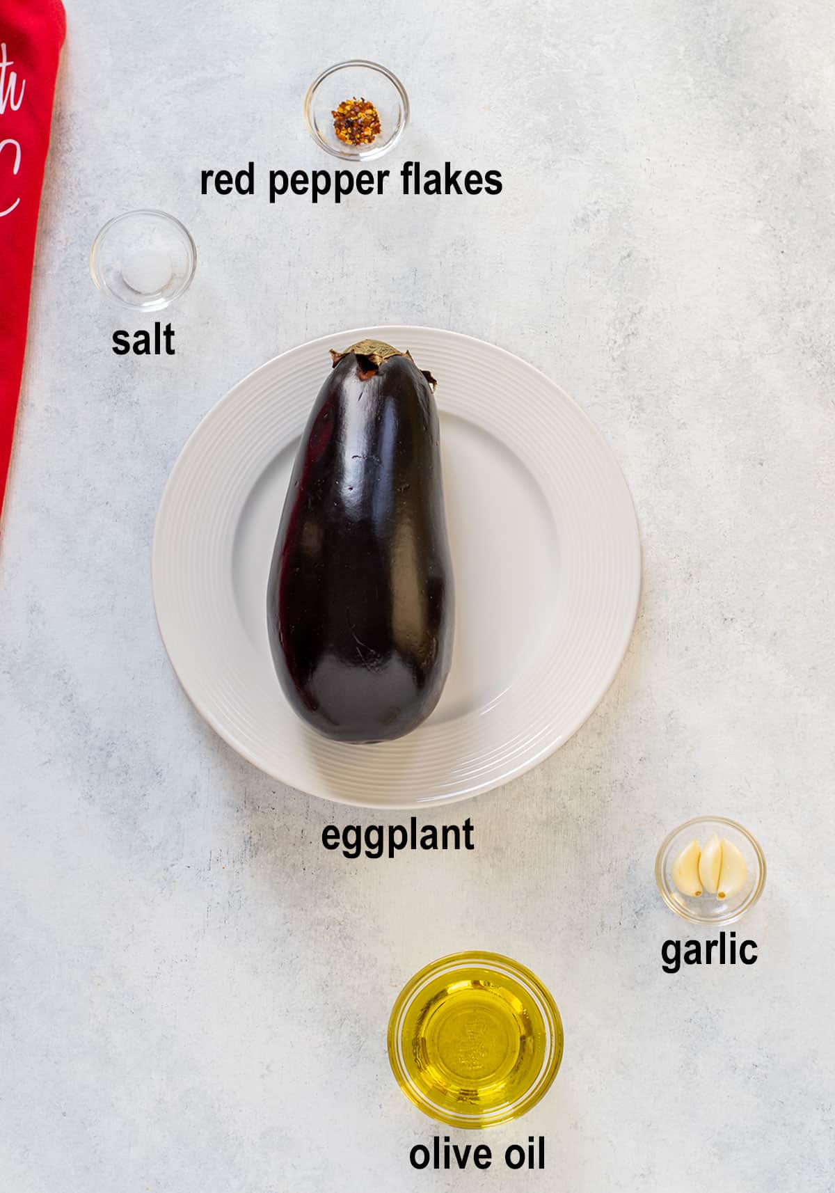 red pepper flakes, salt, eggplant, garlic, olive oil