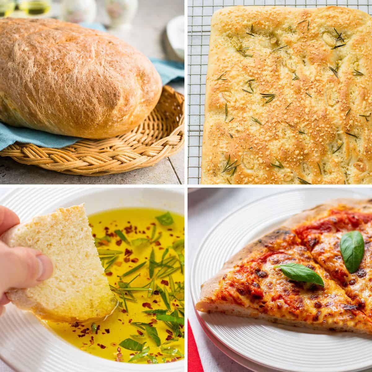 Italian bread collage. italian bread loaf, focaccia, dipping oil, pizza.