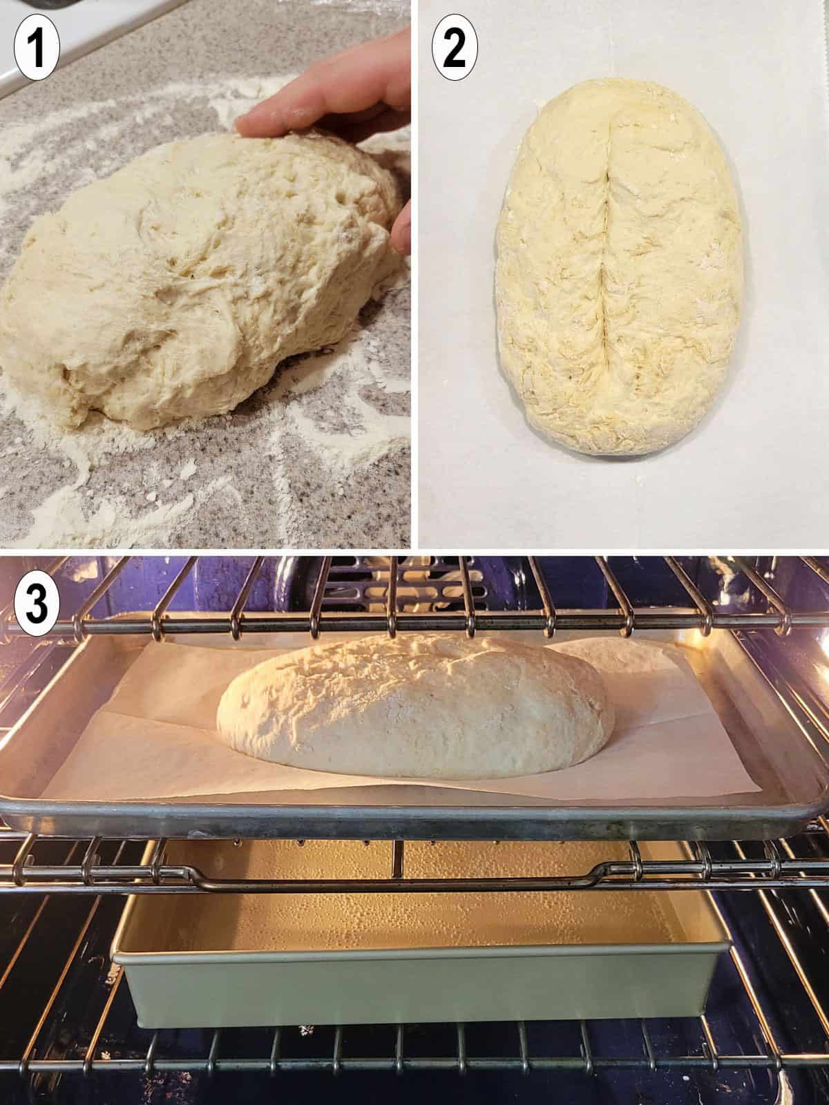 dough formed into a loaf and placed in oven