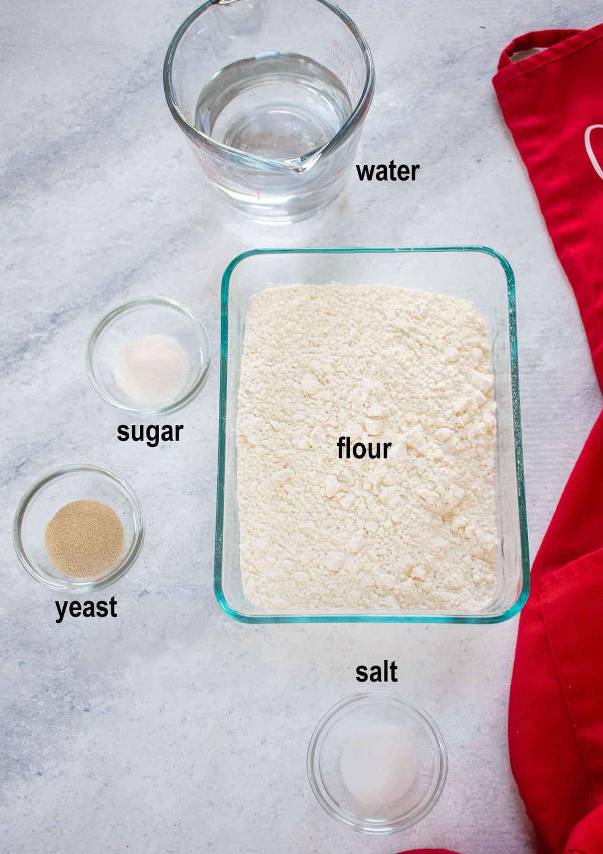 water, sugar, salt, yeast, flour