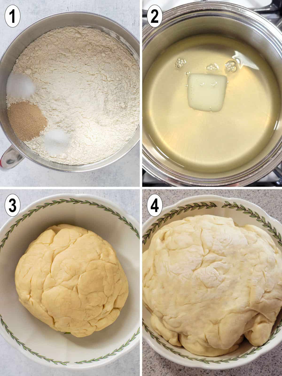 dough ingredients mixed in bowl with melted lard to form dough ball.