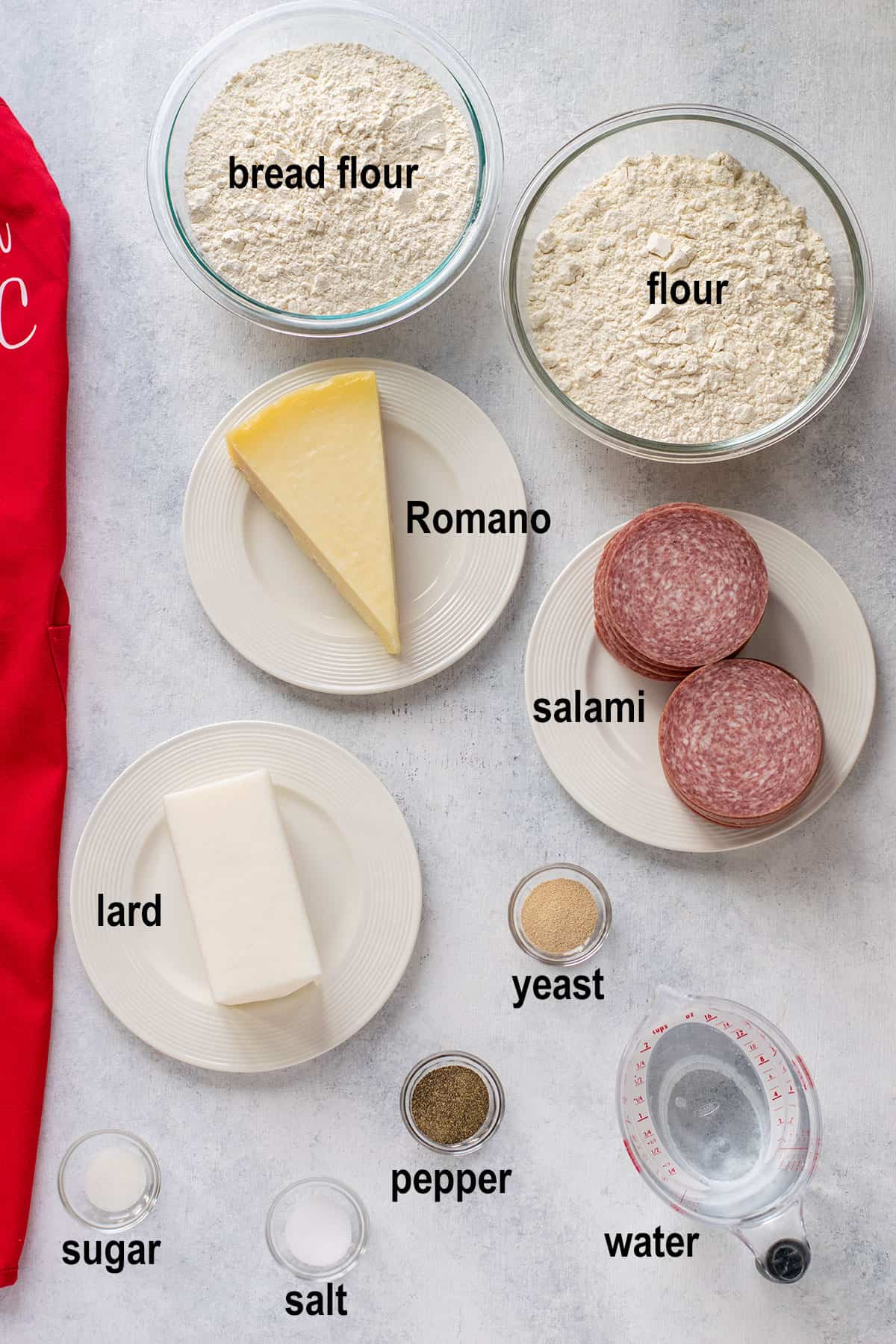 bread flour, flour, romano, salami, lard, yeast, sugar, salt, pepper, water