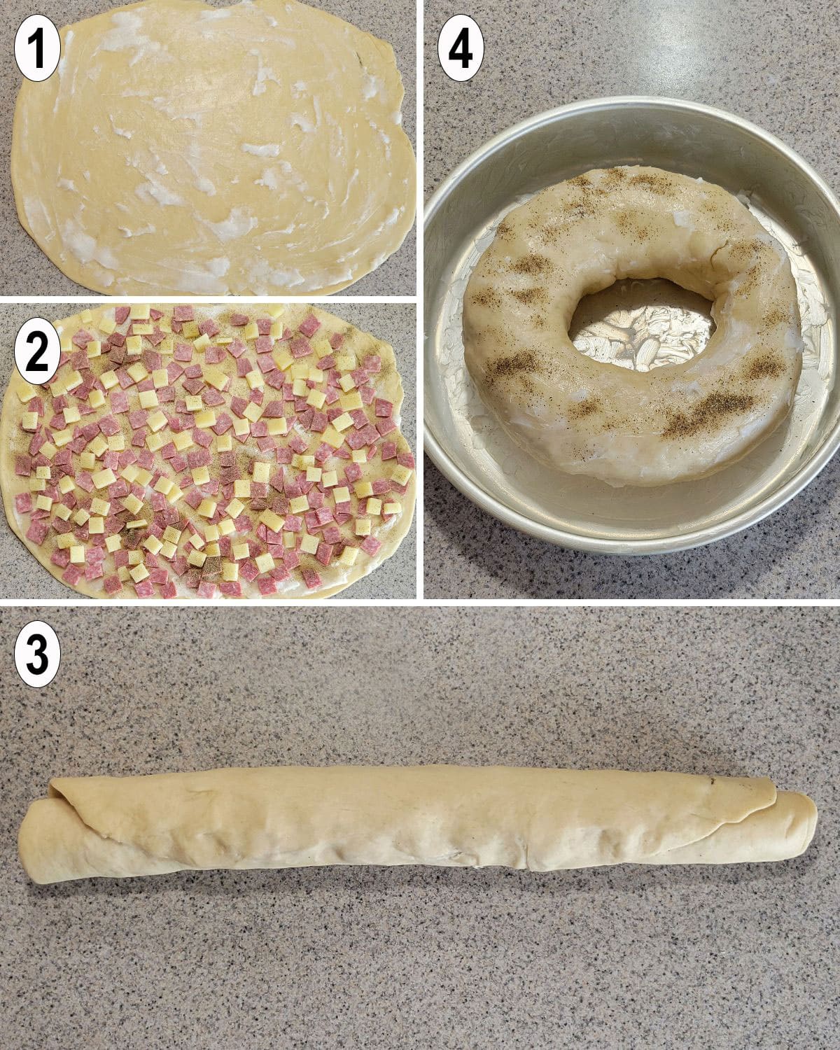 salami and cheese rolled up in dough to form a dough ring