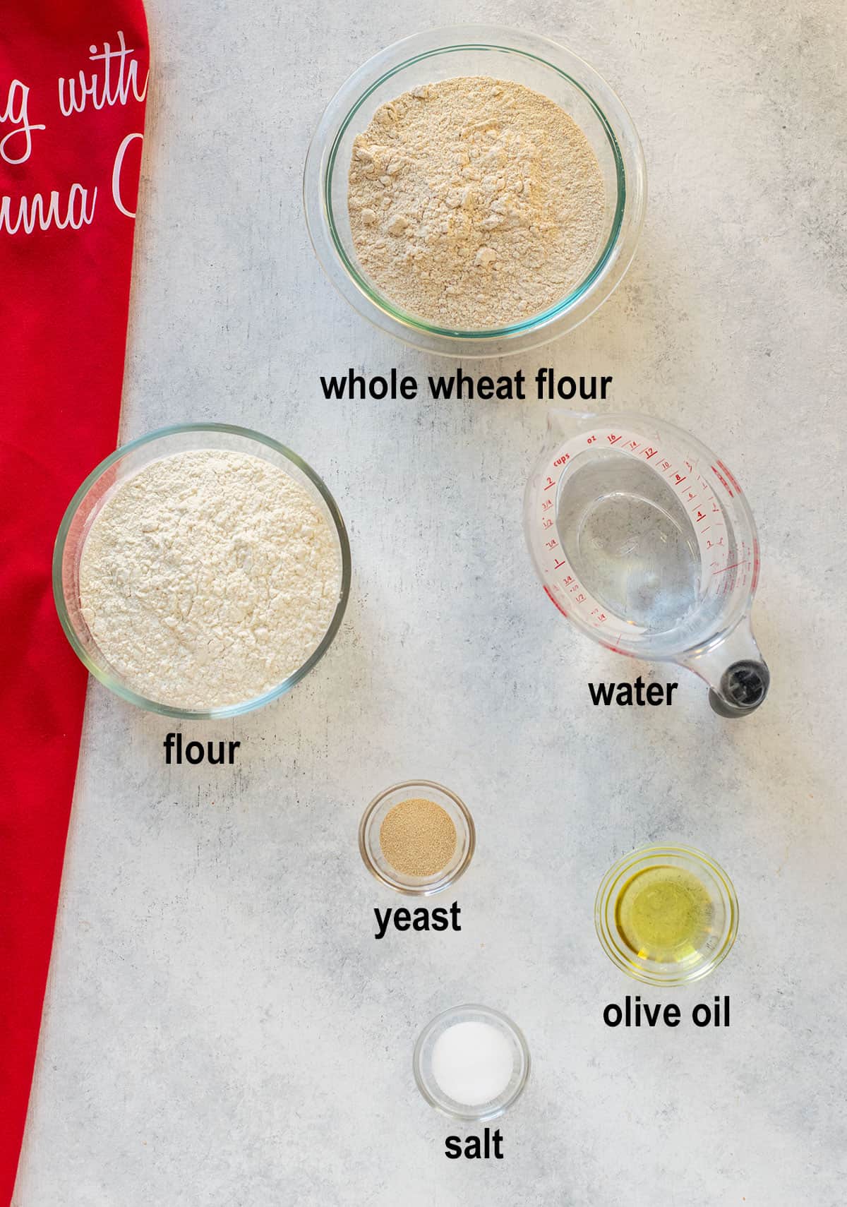 whole wheat flour, flour, water, yeast, olive oil, salt.