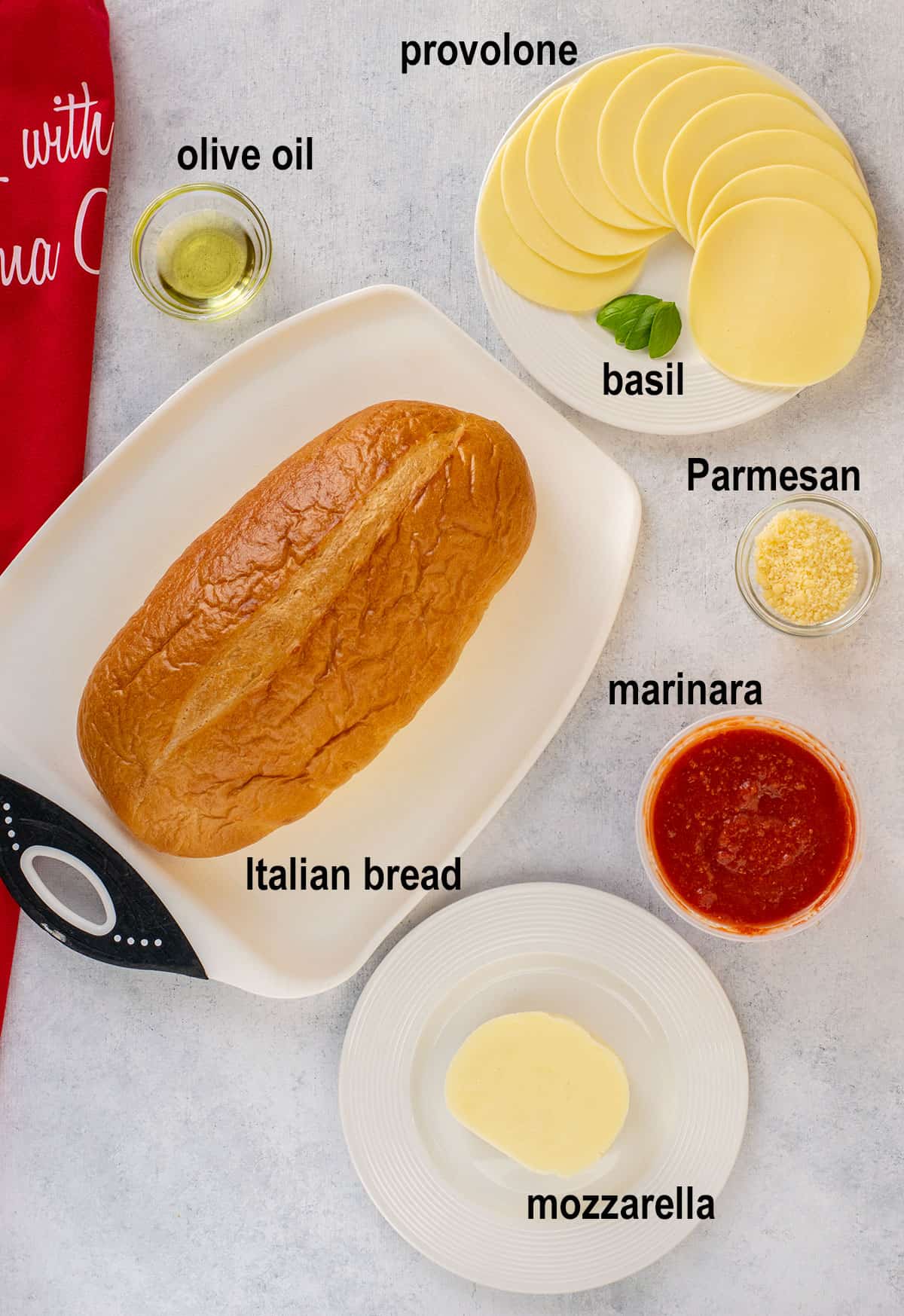 provolone, olive oil, basil, Parmesan, italian bread, marinara, mozzarella