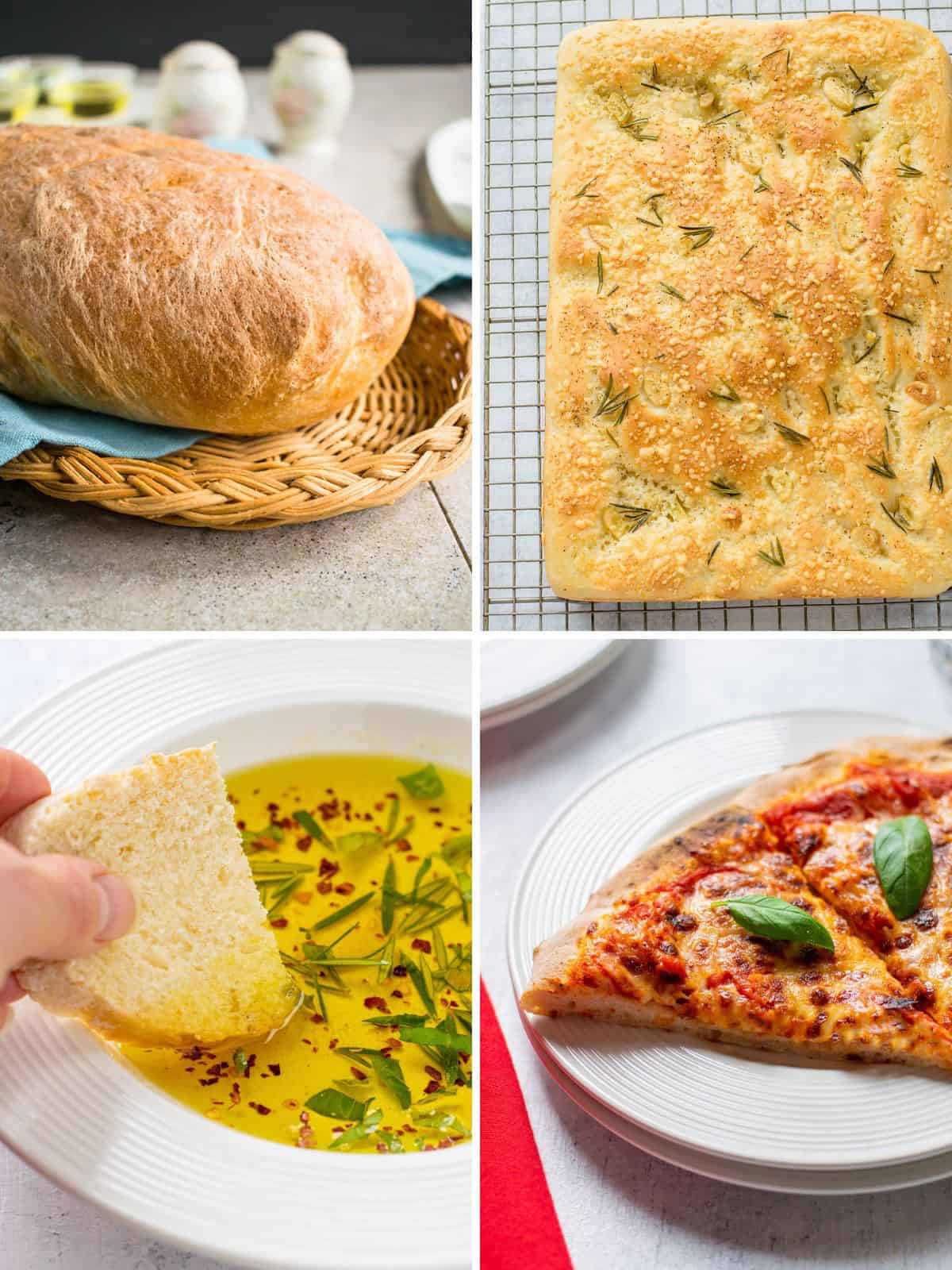 Italian bread collage. italian bread loaf, focaccia, dipping oil, pizza.