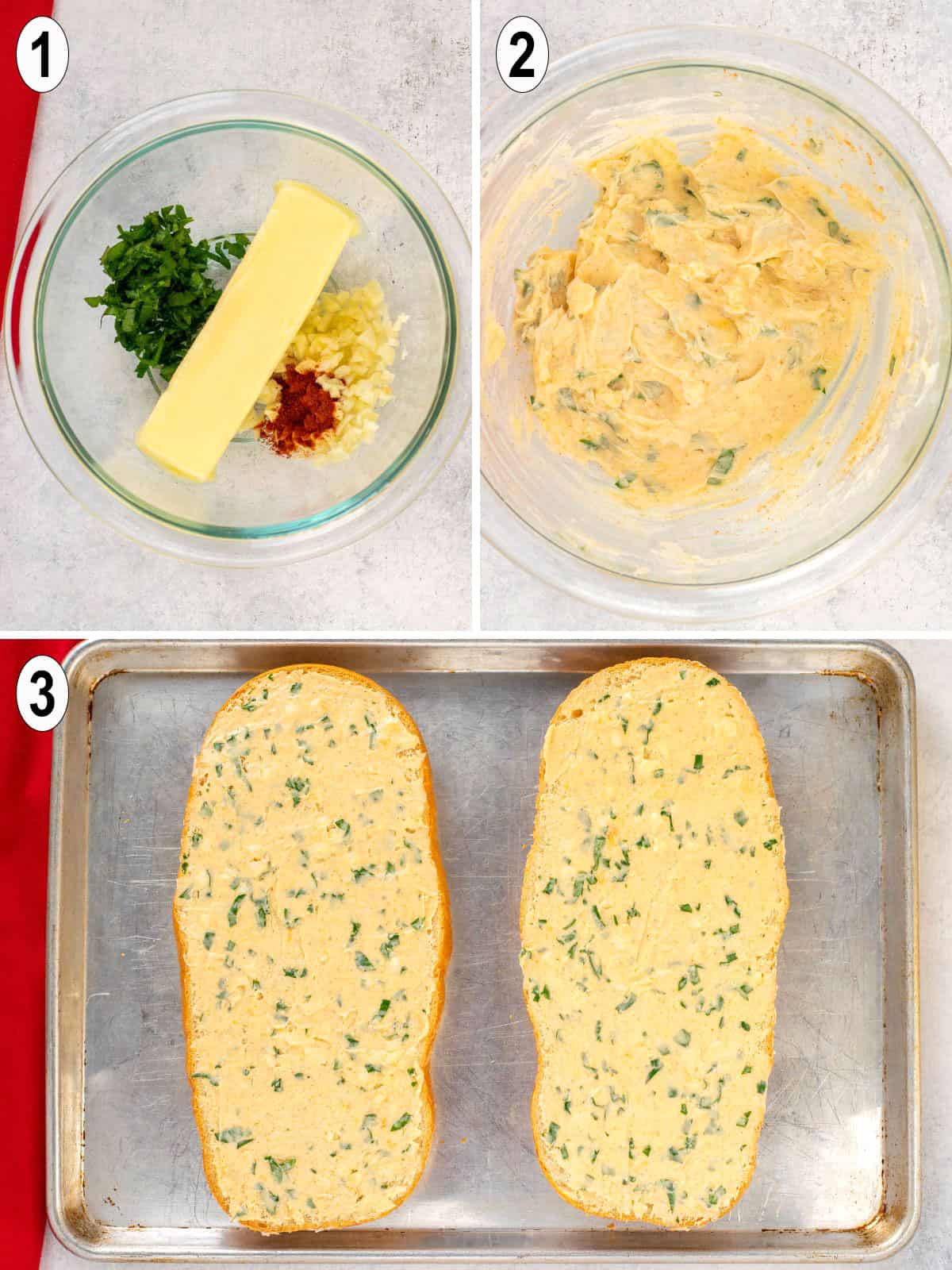 butter mixture prepared and spread on italian bread