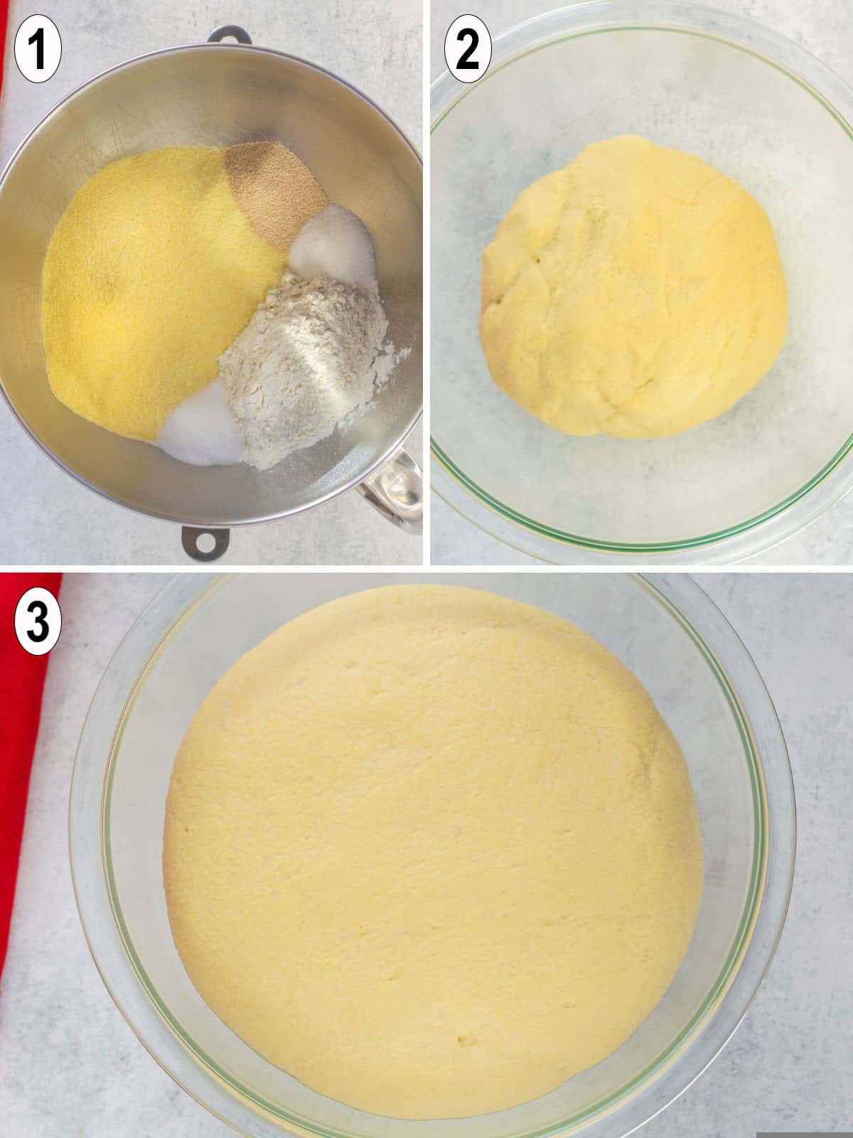 ingredients in bowl. ball of dough. dough risen.