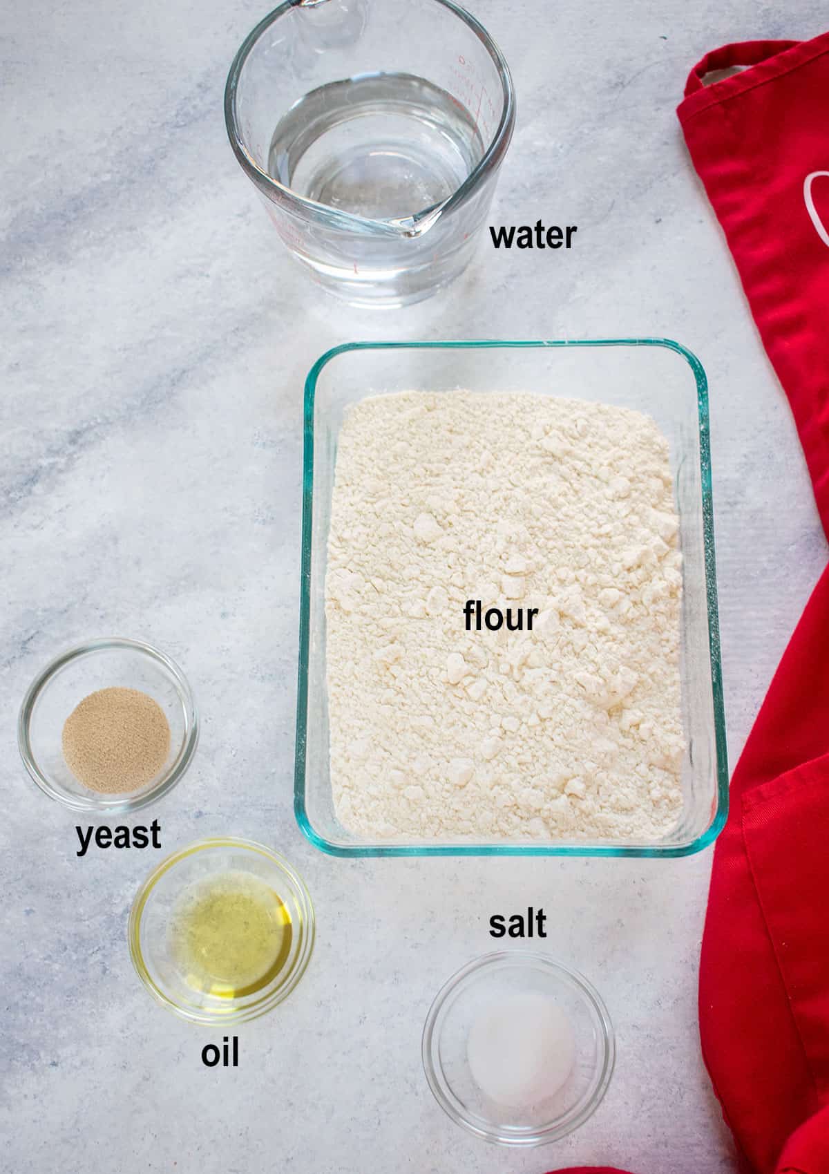 water, flour, yeast, oil, salt