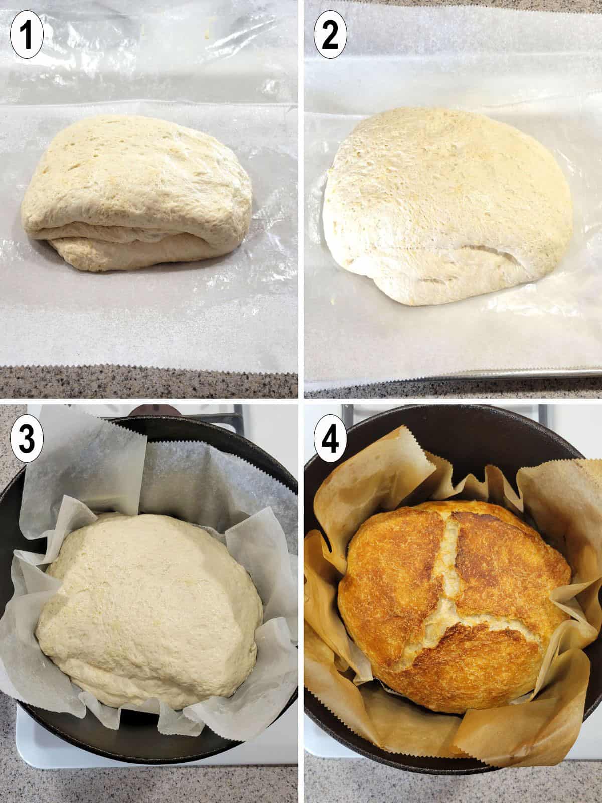 folded dough risen and placed in dutch oven to bake