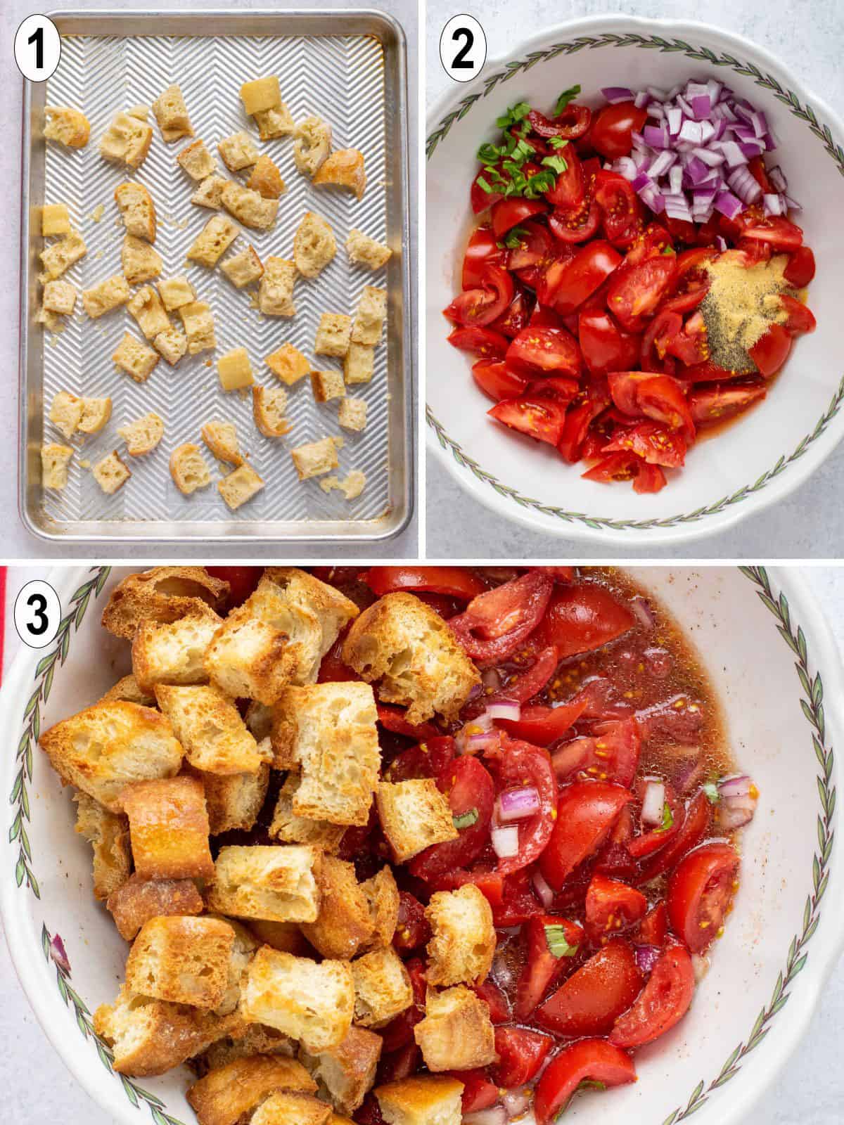 toasted bread cubes. tomato salad. combined.