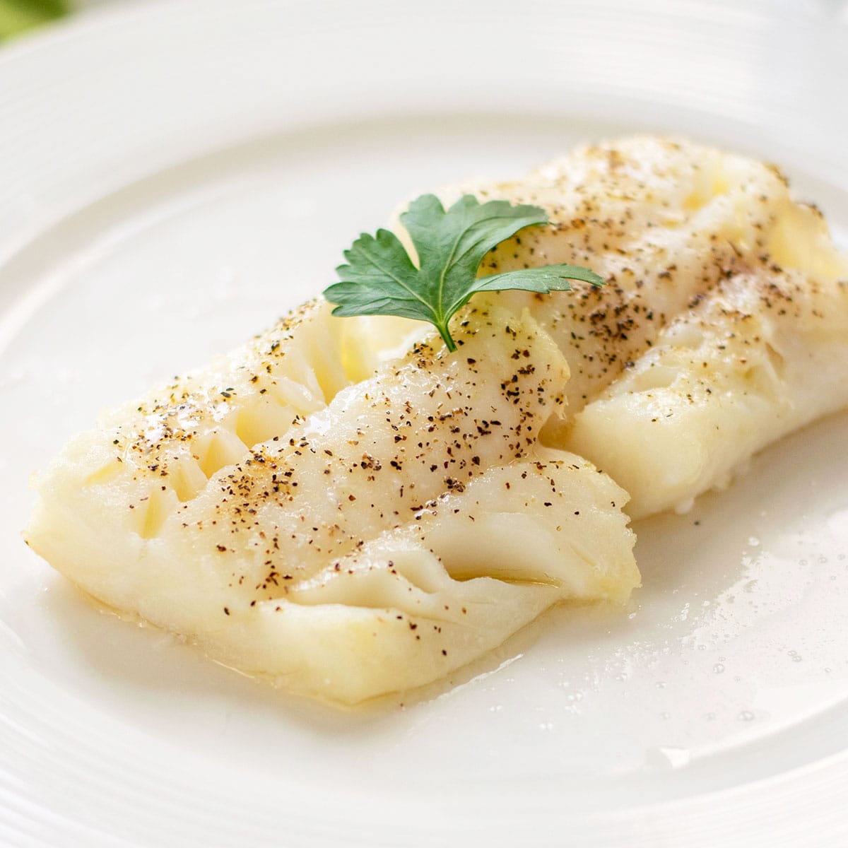 baked cod on white plate with pepper and parsley