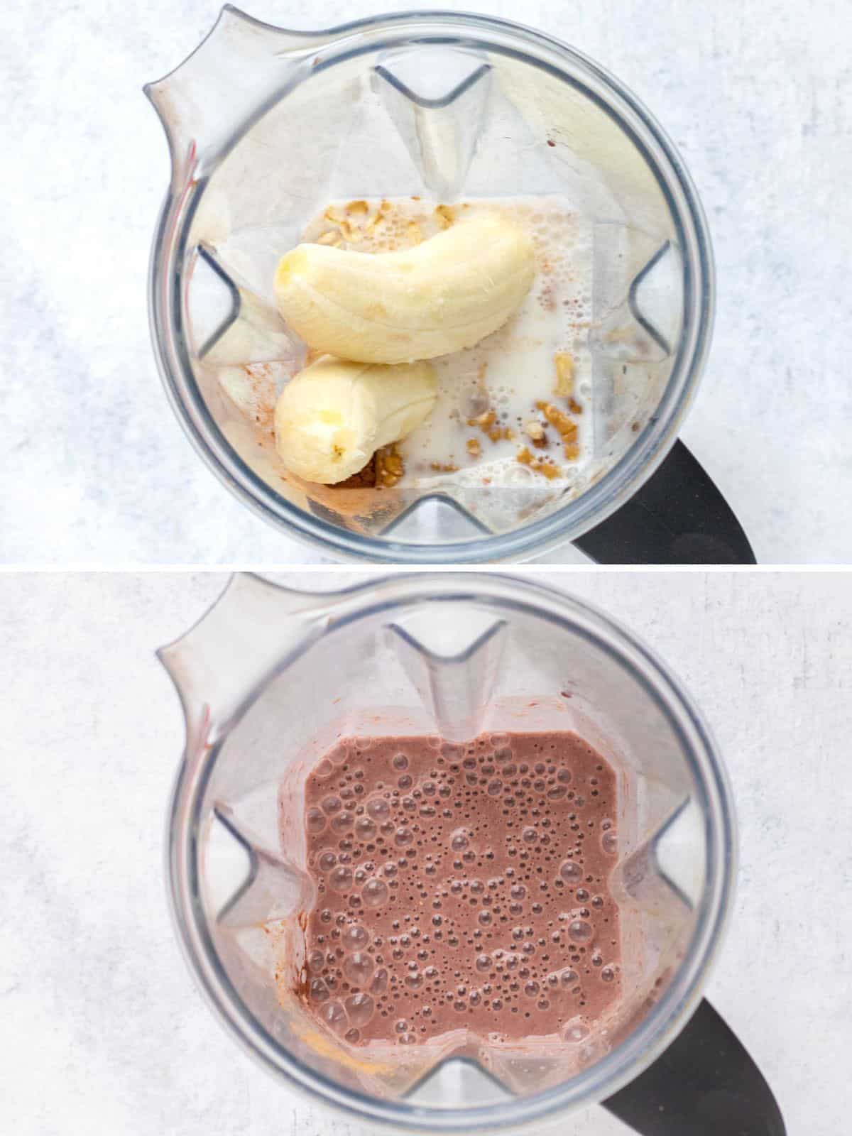smoothie ingredients in a blender before and after being blended