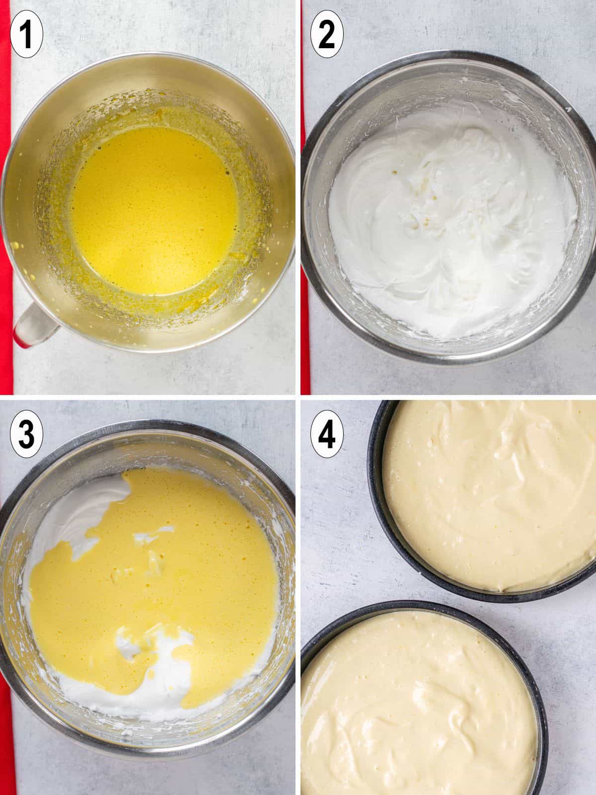 cake batter made in bowl and poured into cake pans