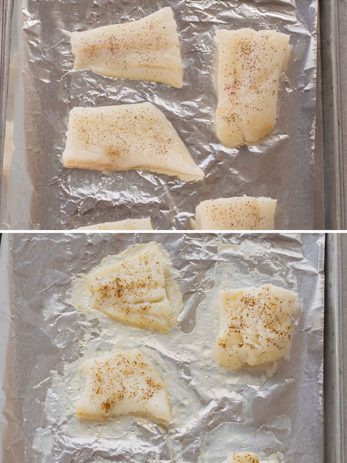 cod with oil and seasonings roasted in a foil lined pan