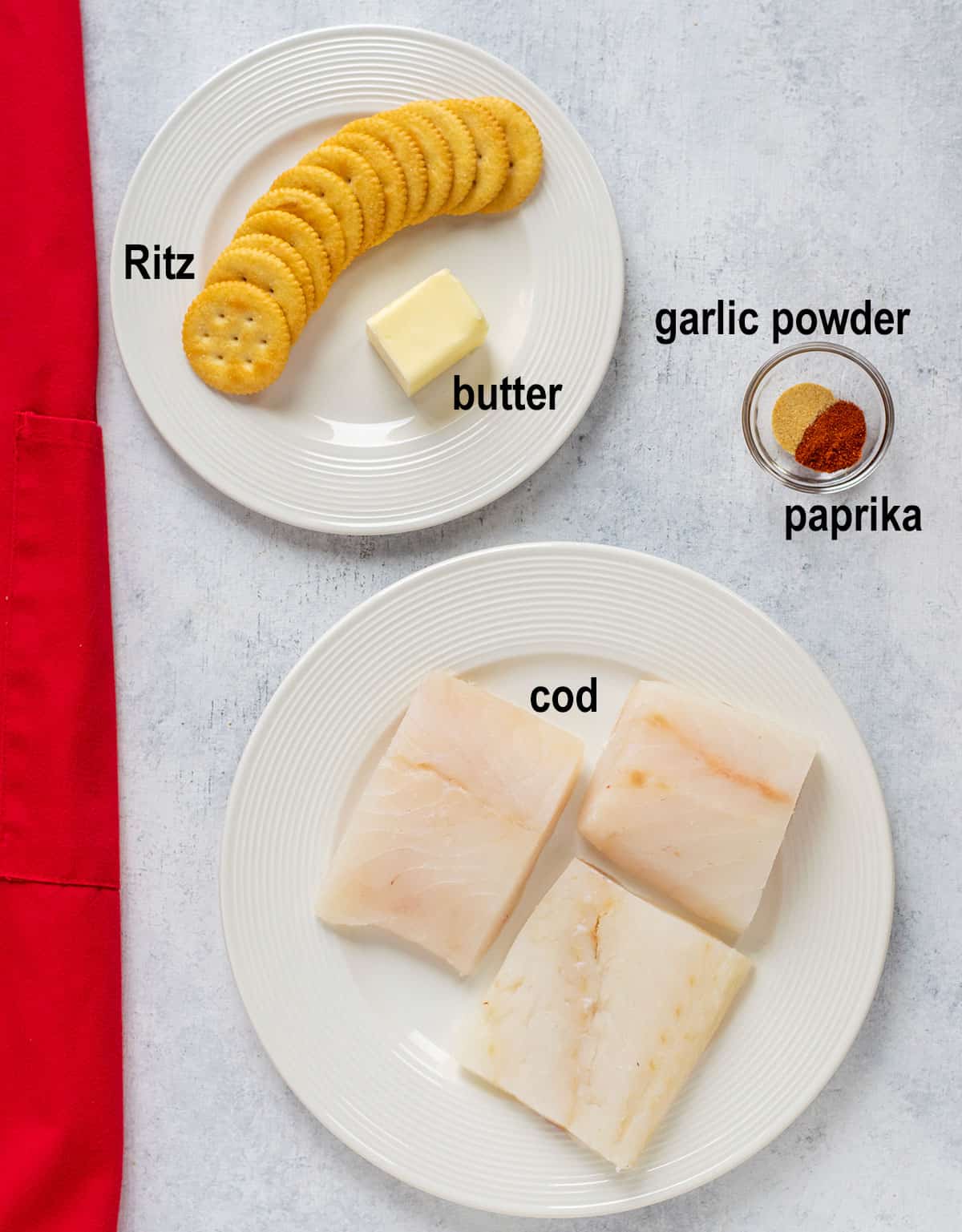 Ritz crackers, butter, garlic powder, paprika, cod