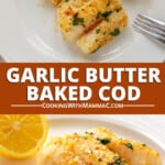 pinnable image for garlic butter baked cod.
