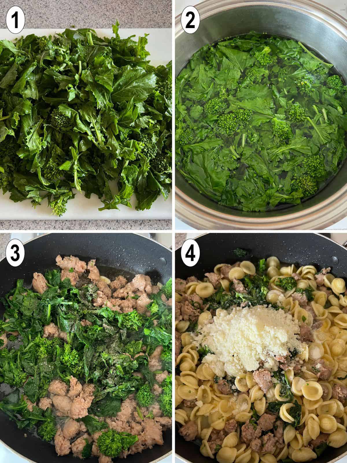 rapini chopped and boiled. sausage and garlic added then pasta and cheese