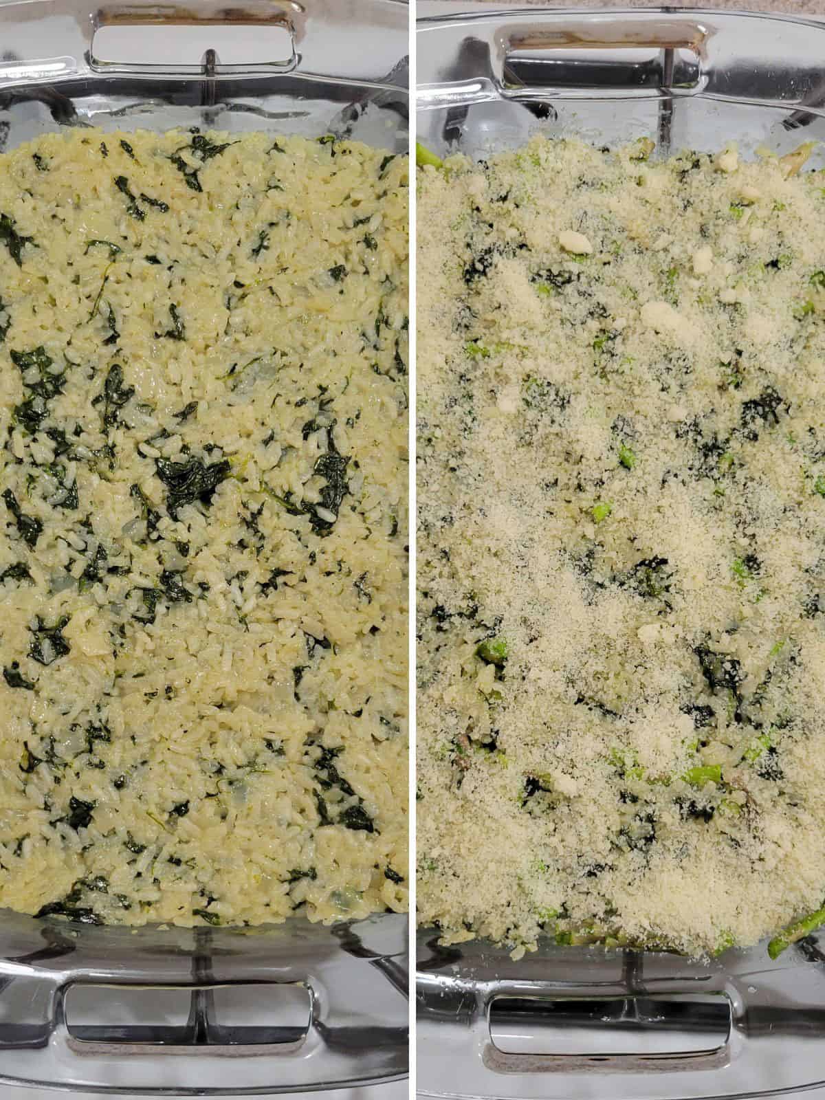 risotto with asparagus and spinach in a glass pan topped with Parmesan