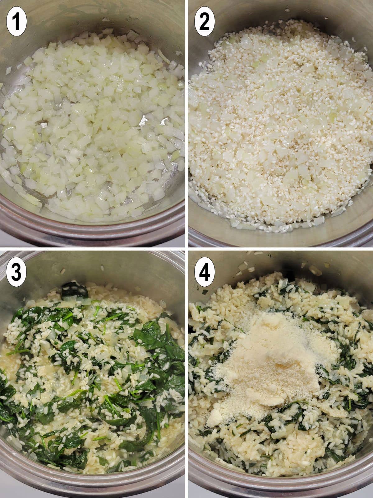 rice cooked with onions in pot. spinach and cheese added.