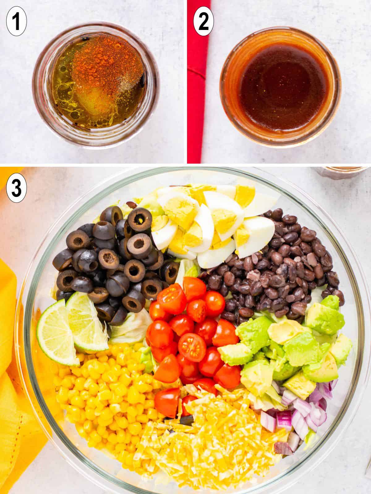 dressing mixed in jar. salad toppings in salad bowl.