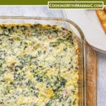 pinnable image for spinach artichoke dip with asiago