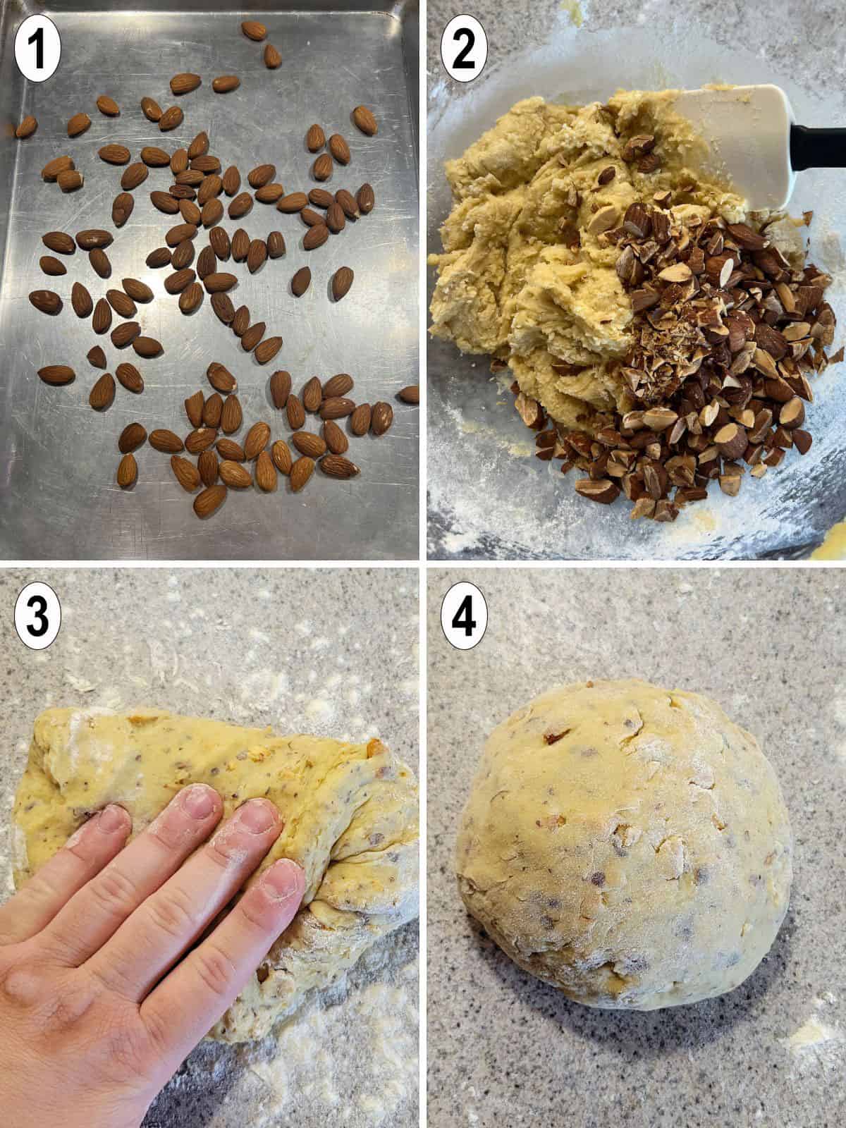 roast almonds. mix into dough. knead into ball.