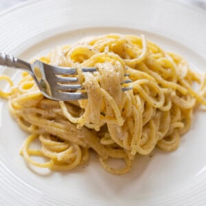 plate of pecornio pasta (cacio e pepe) twirled with a fork