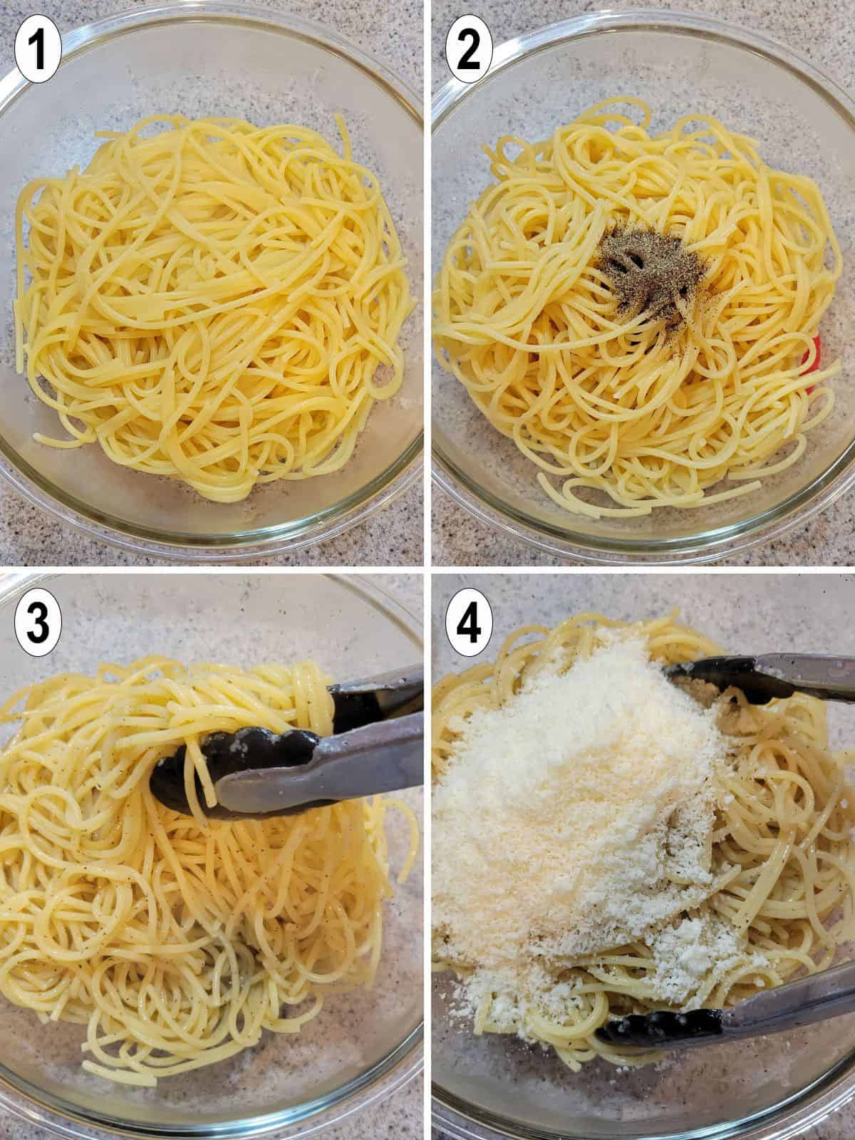 spaghetti in bowl tossed with pecorino and pepper