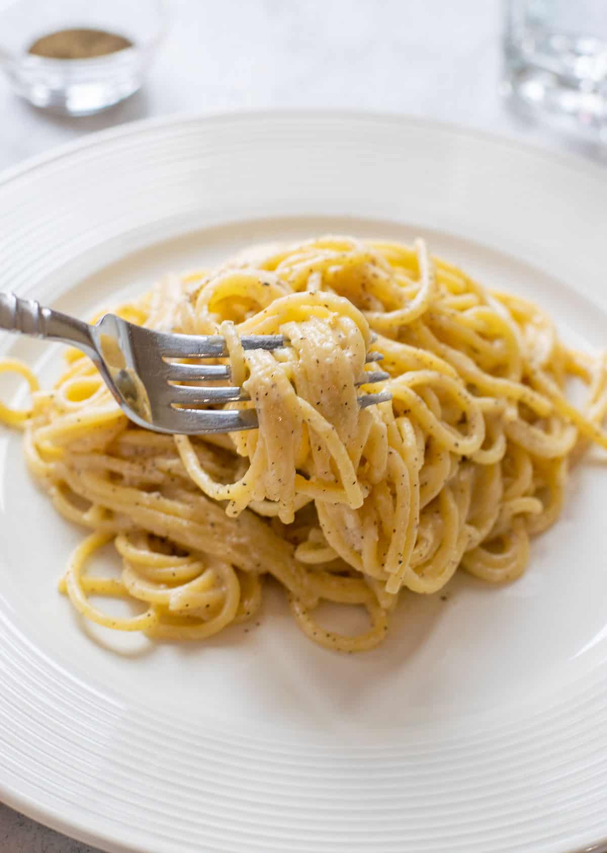 pecorino pasta (cacio e pepe) on a plate twirled with a fork