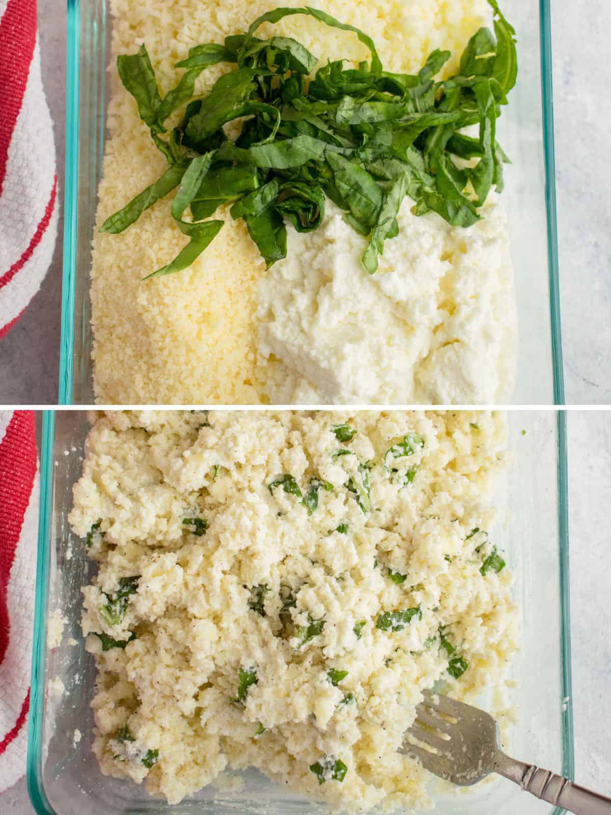 basil, cheese and ricotta combined in a glass dish