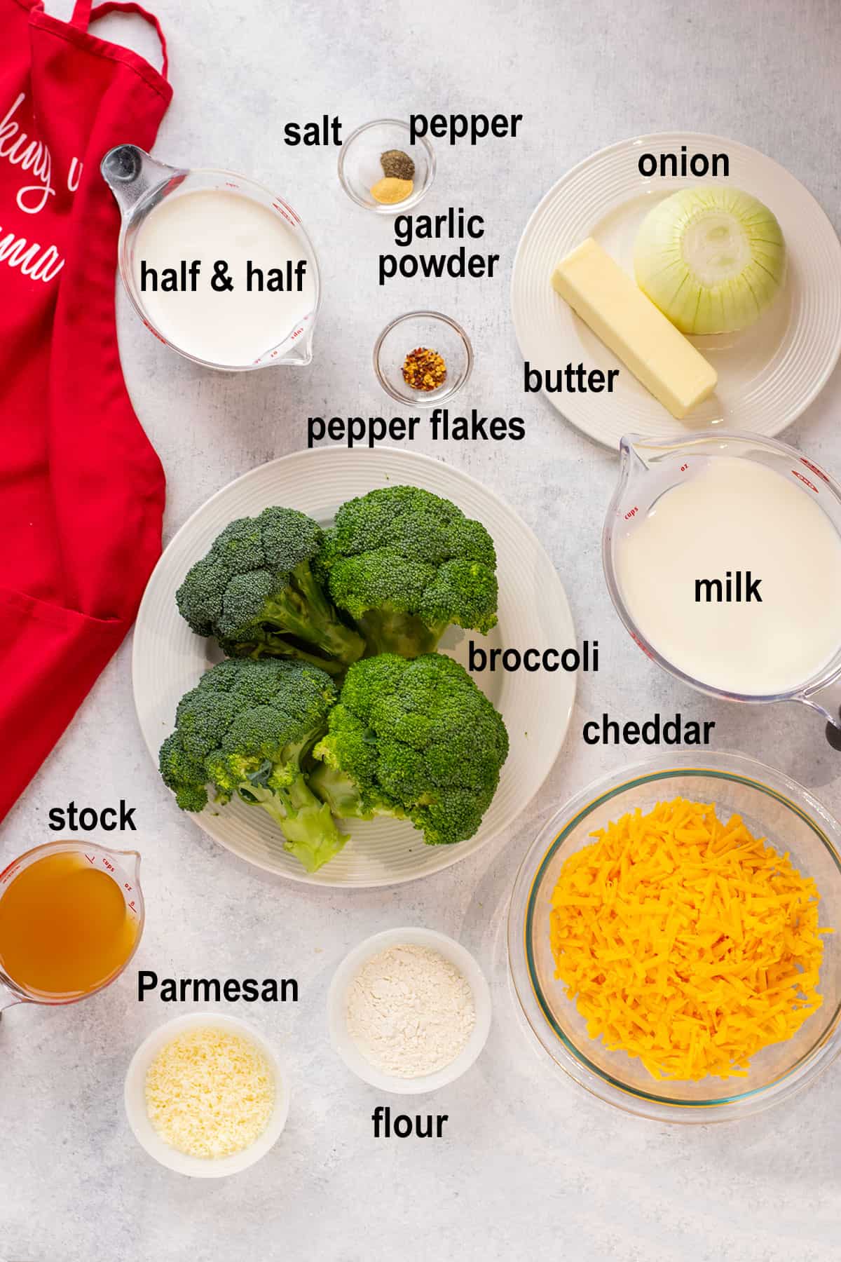 seasonings, creams, onion, butter, cheeses, broccoli, stock, flour