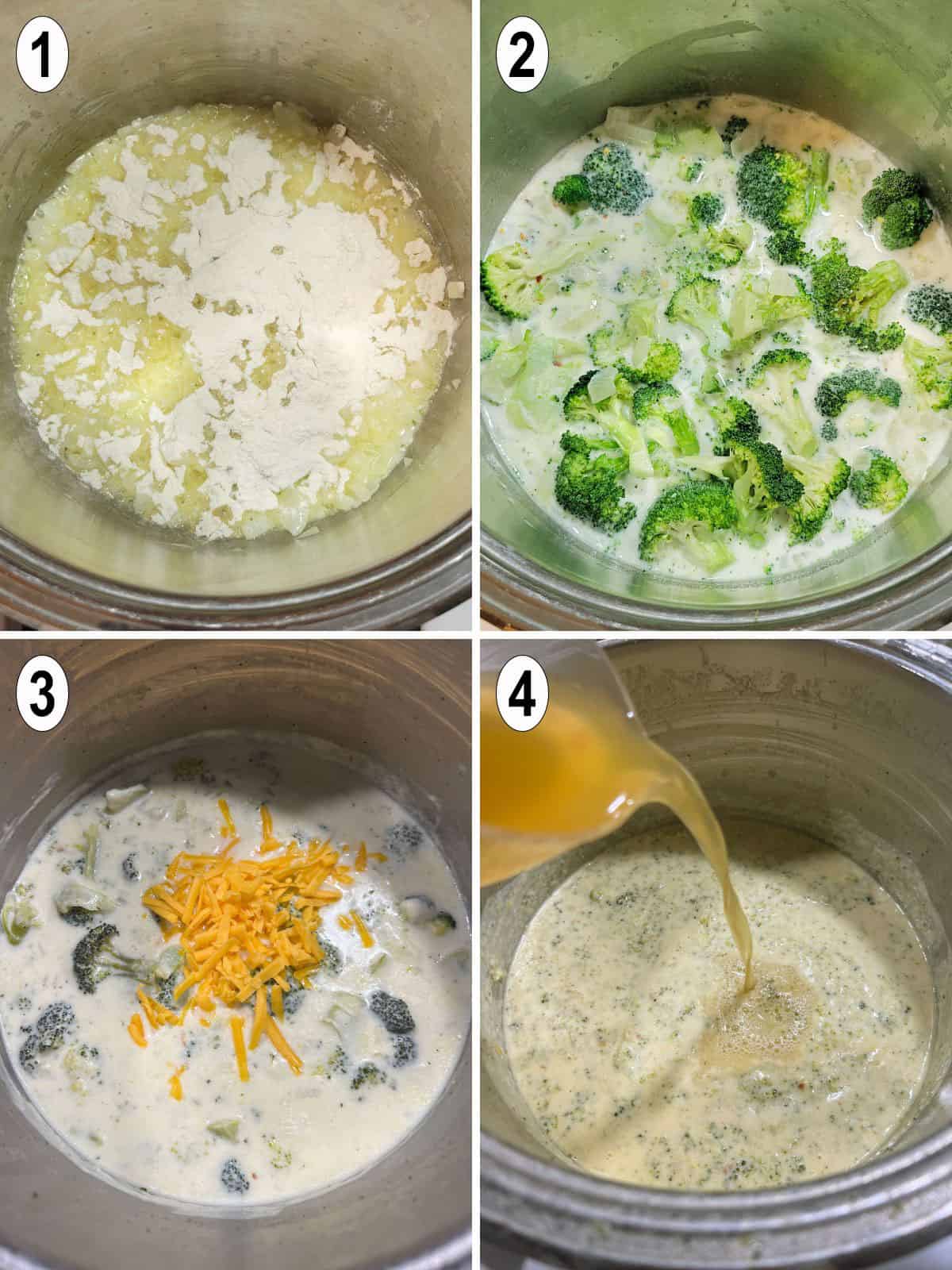 onions sautéd with flour added. broccoli and cream added. cheese and broth added.