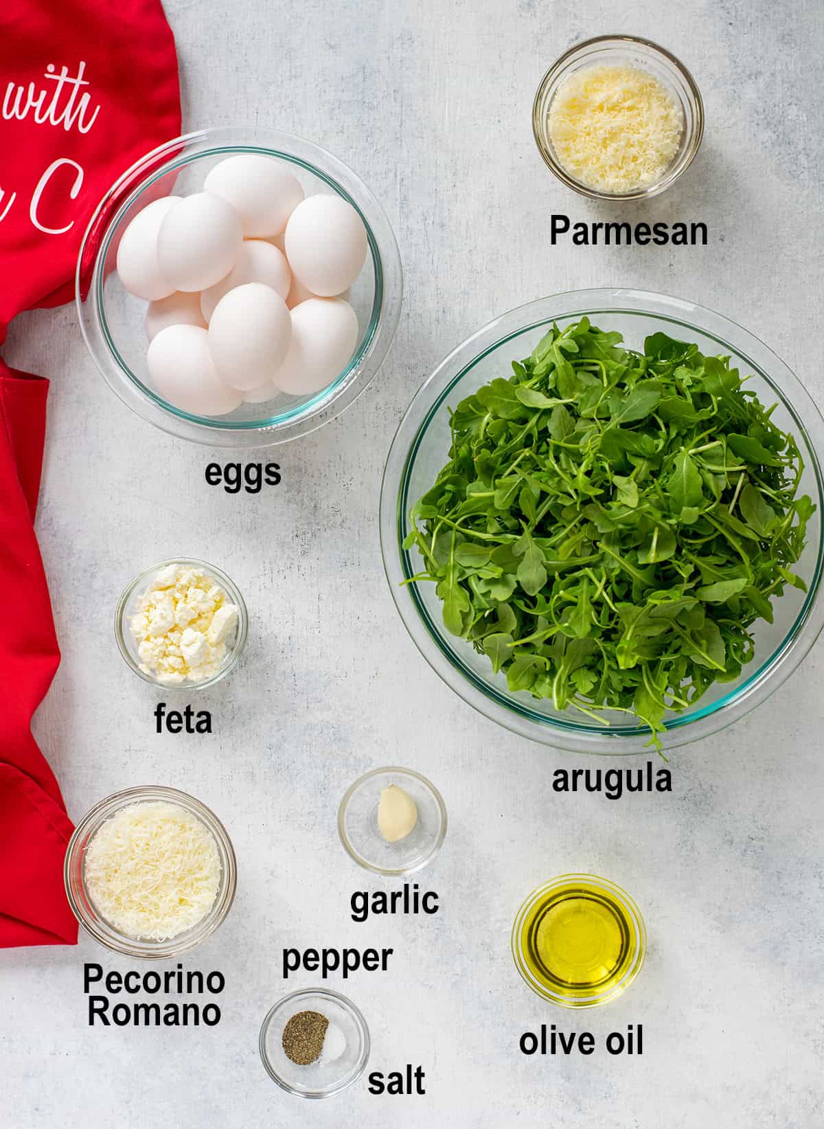 parmesan, eggs, arugula, feta, pecorino, garlic, pepper, salt, olive oil