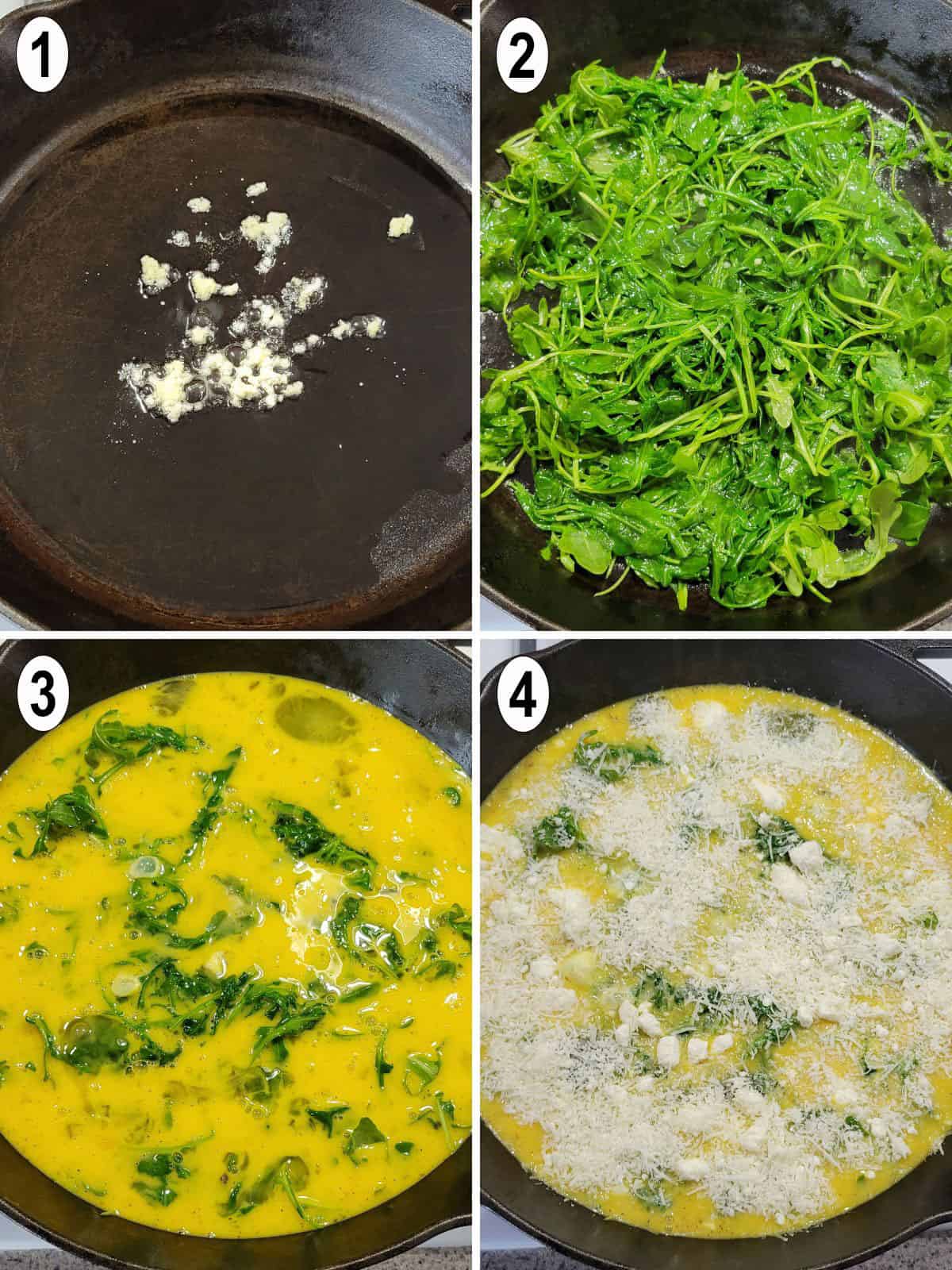 sauté garlic in pan. add arugula, then eggs, then cheese.
