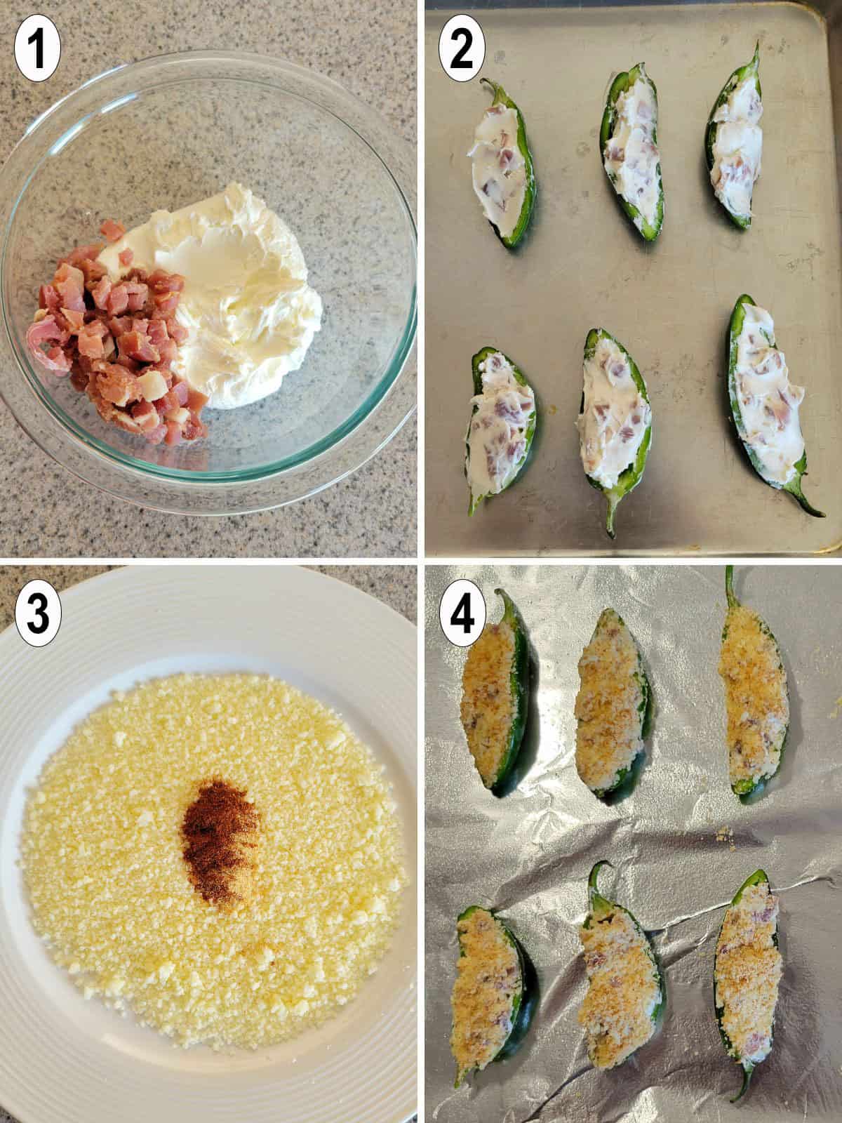 filling mixed in a bowl, stuffed in jalapeños, topped with Parmesan