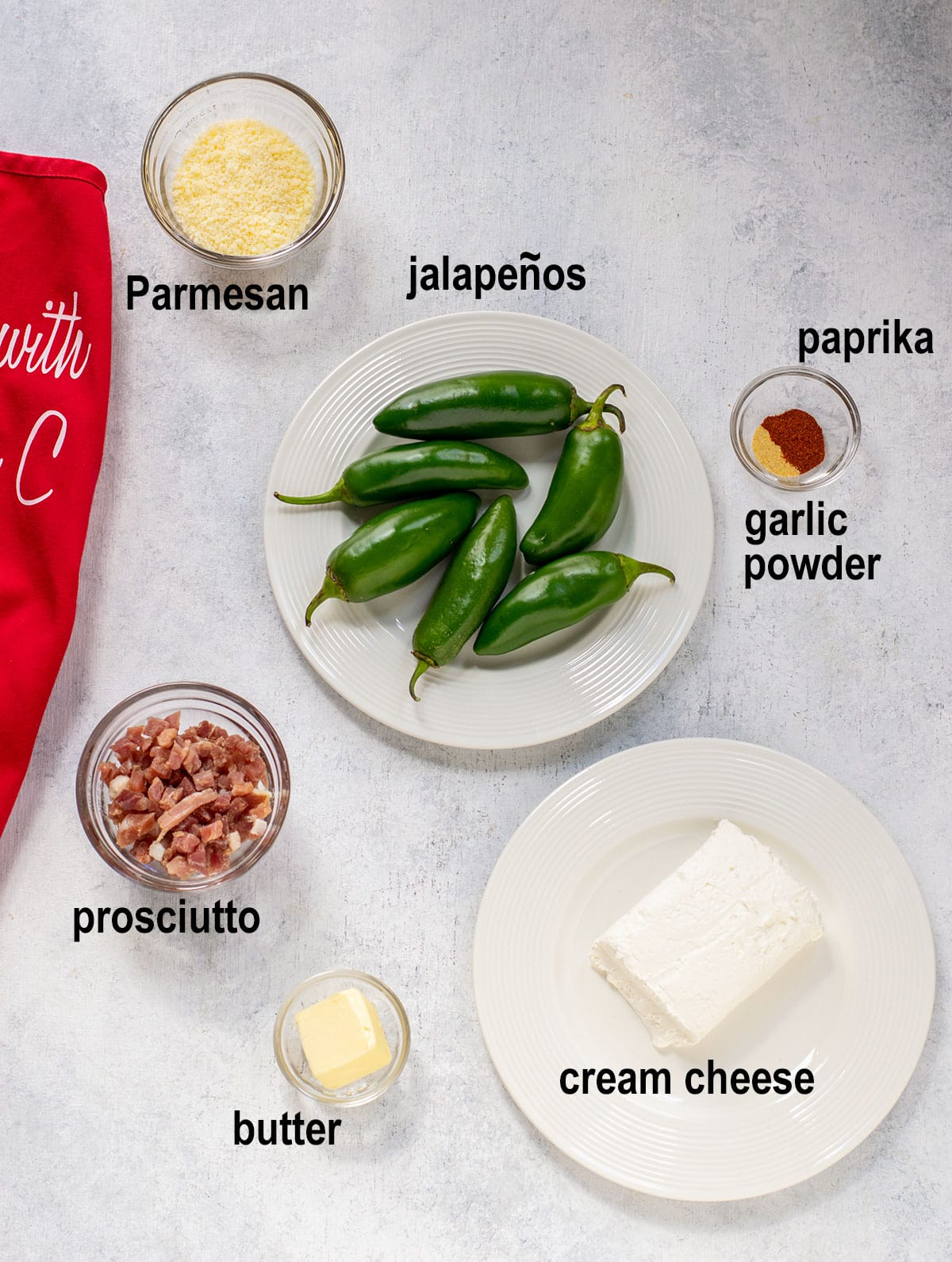 Parmesan, jalapeños, spices, prosciutto, butter, cream cheese