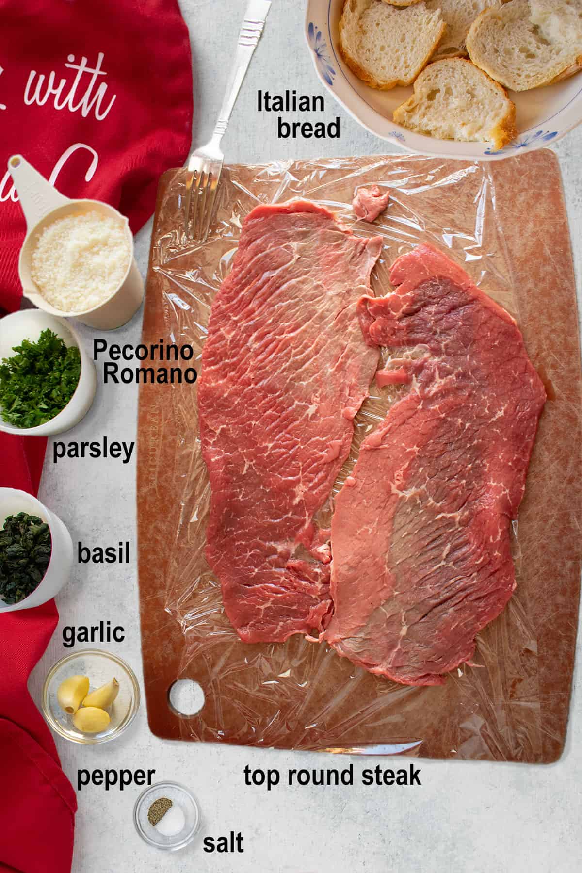 bread, romano, parsley, basil, garlic, pepper, salt, top round steak