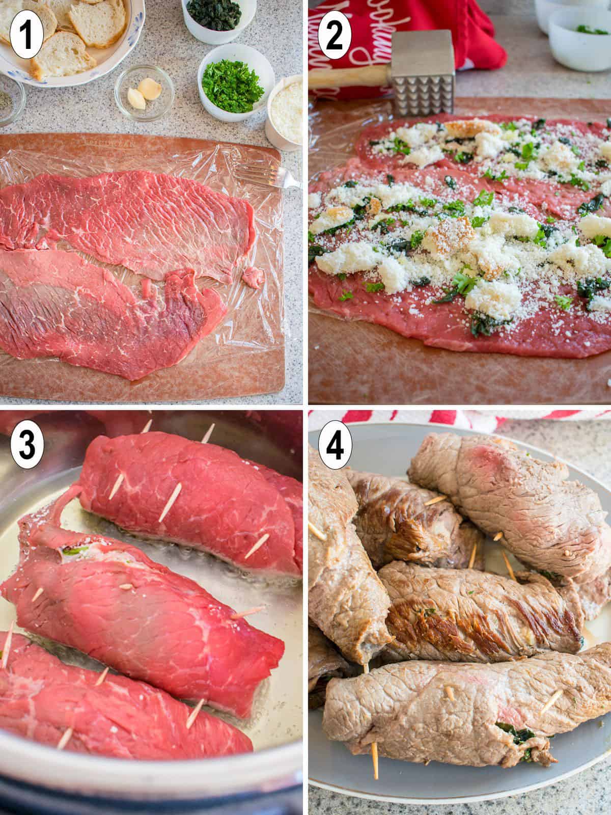 meat pounded flat, filled and rolled. cooked.