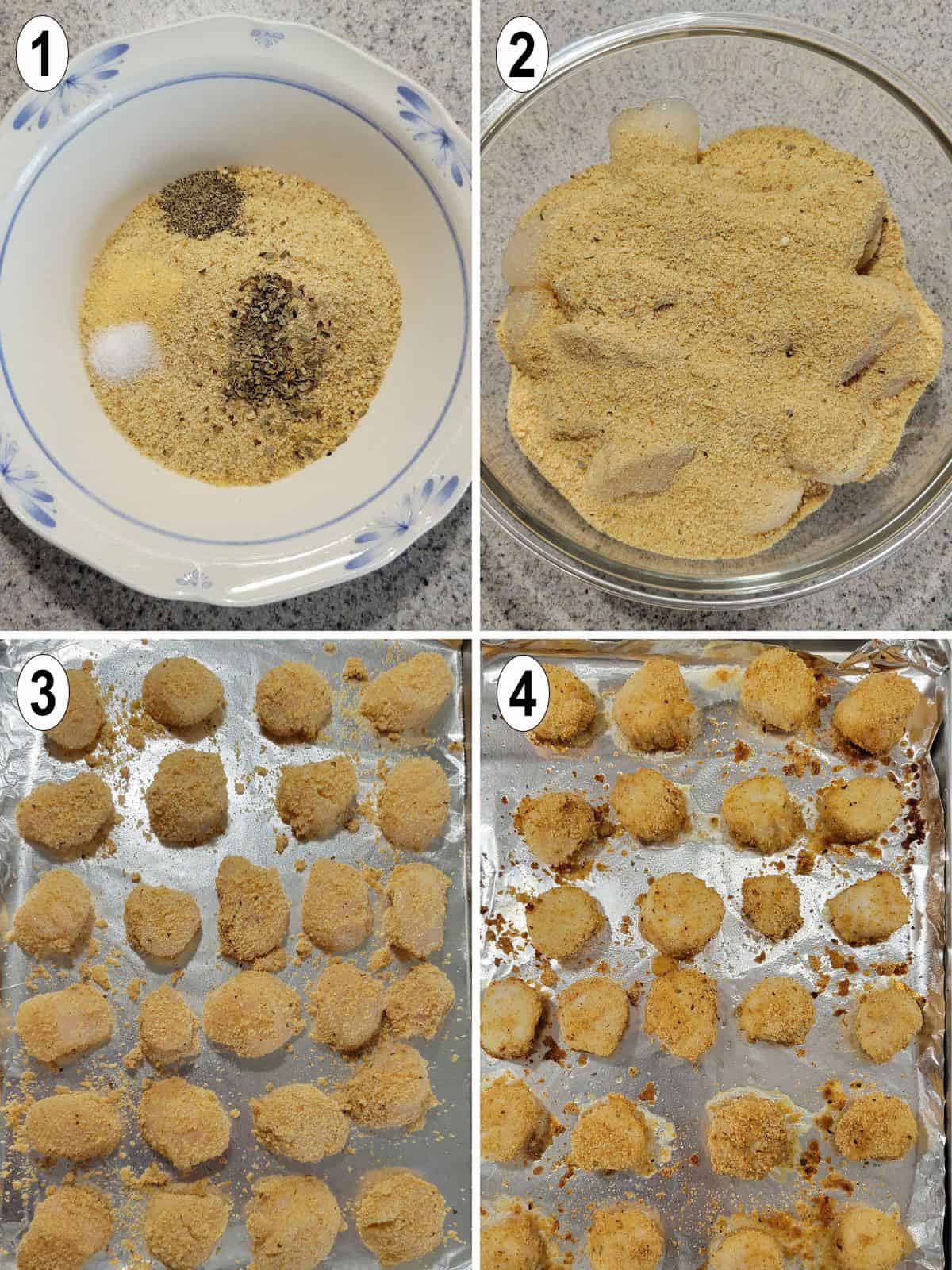 bread crumbs and seasonings mixed and added to scallops. baked on baking sheet.