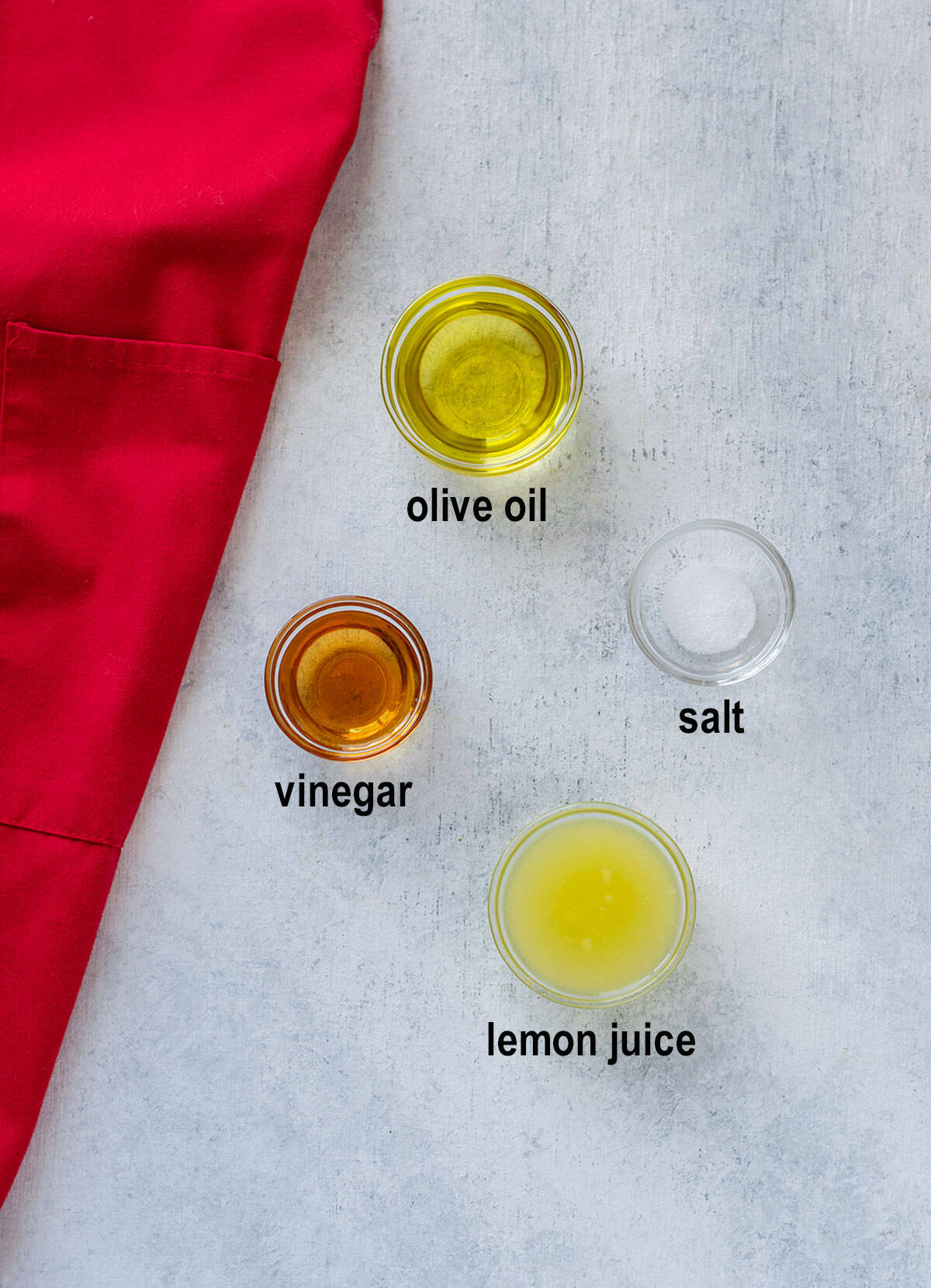 olive oil, vinegar, salt, lemon juice