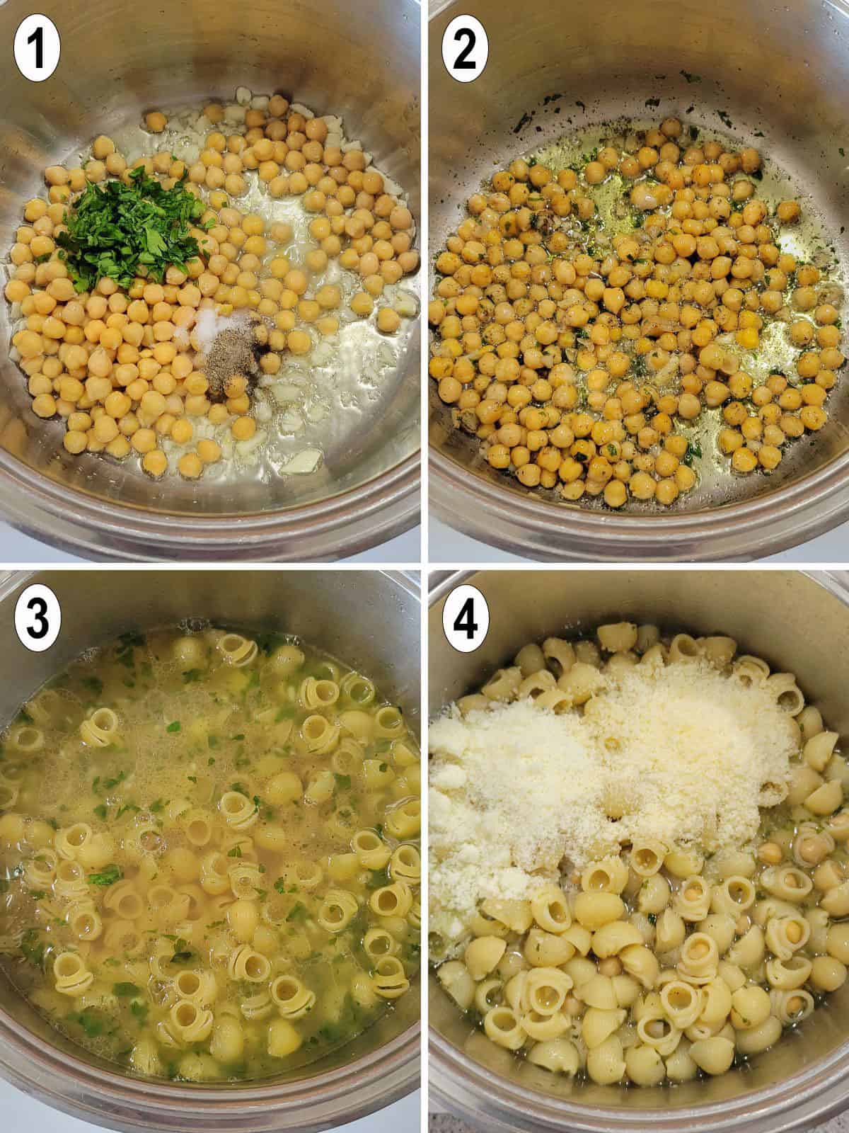 beans and spices in pot. water and pasta added. cheese added.