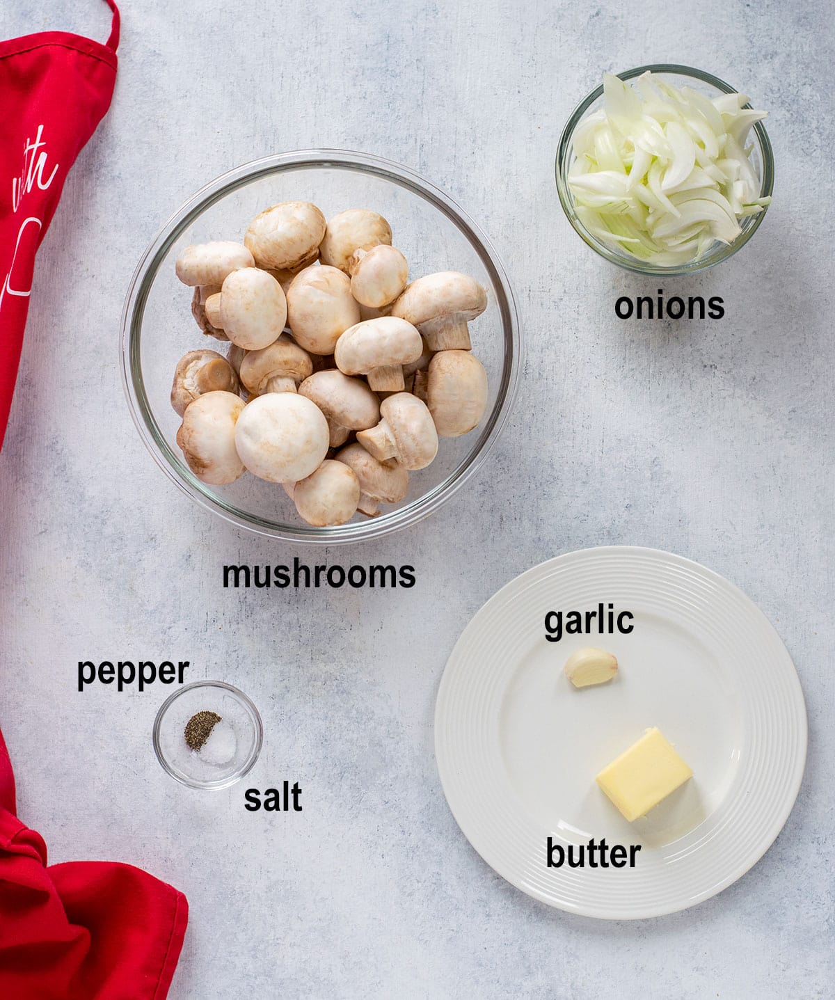 onions, mushrooms, garlic, butter, salt, pepper