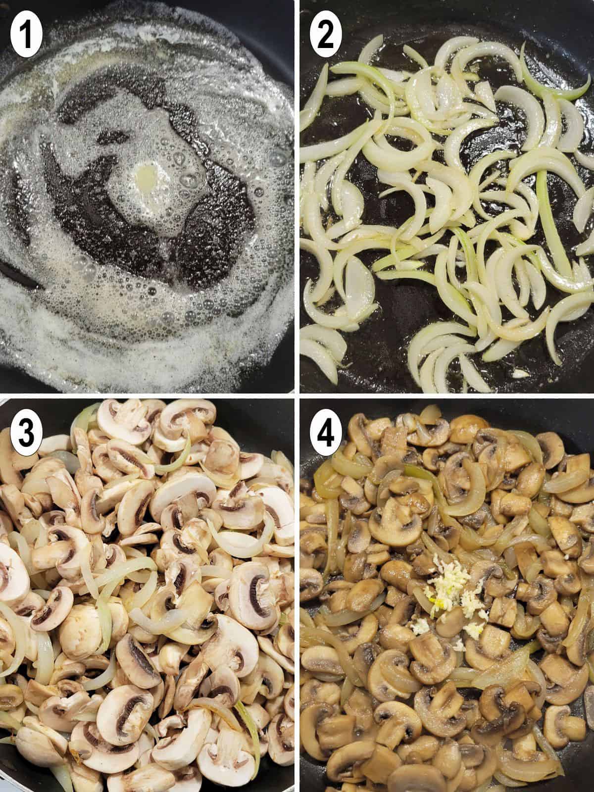 sauté onions in butter. add mushrooms then garlic.